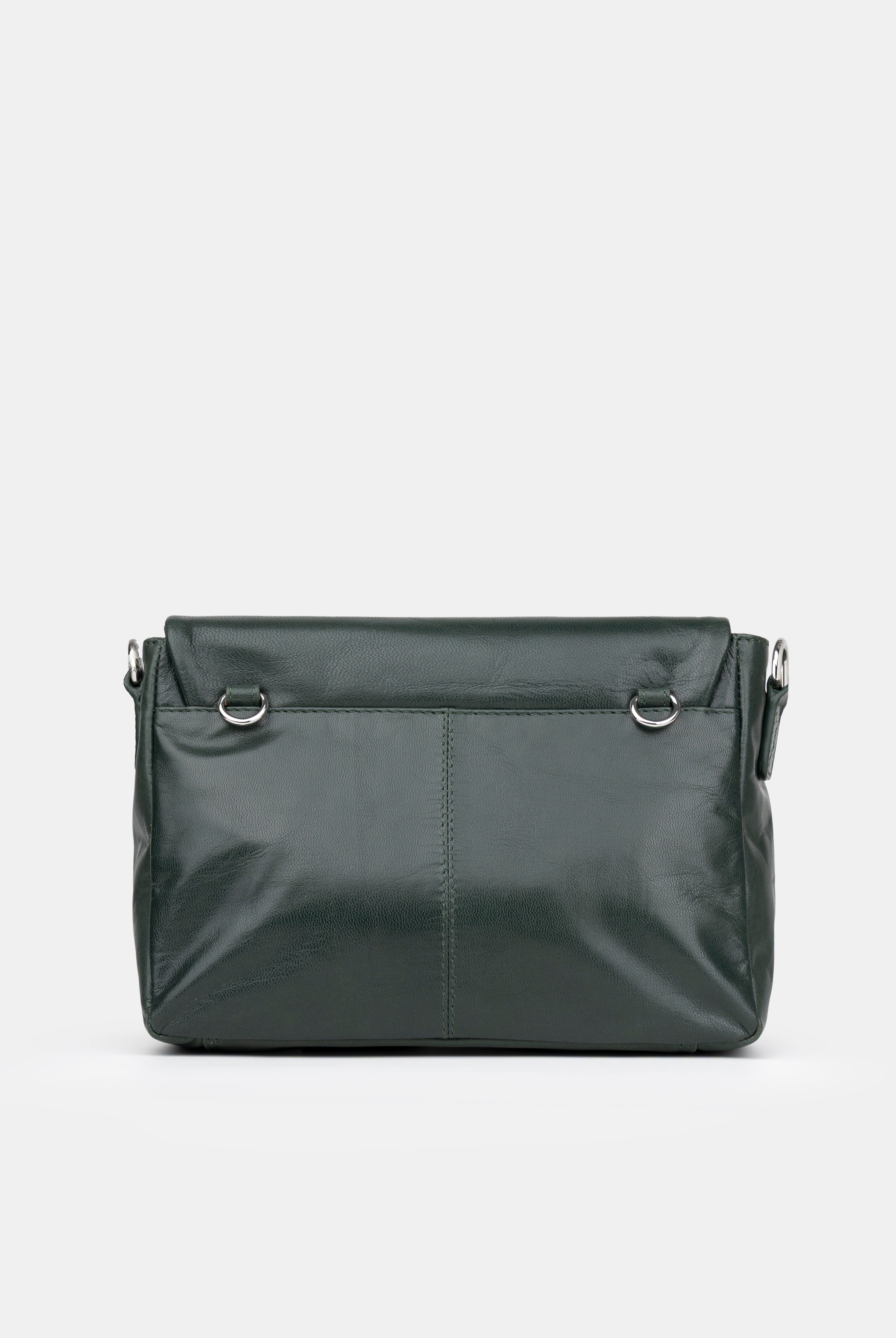 Dark green handbag on a light gray background