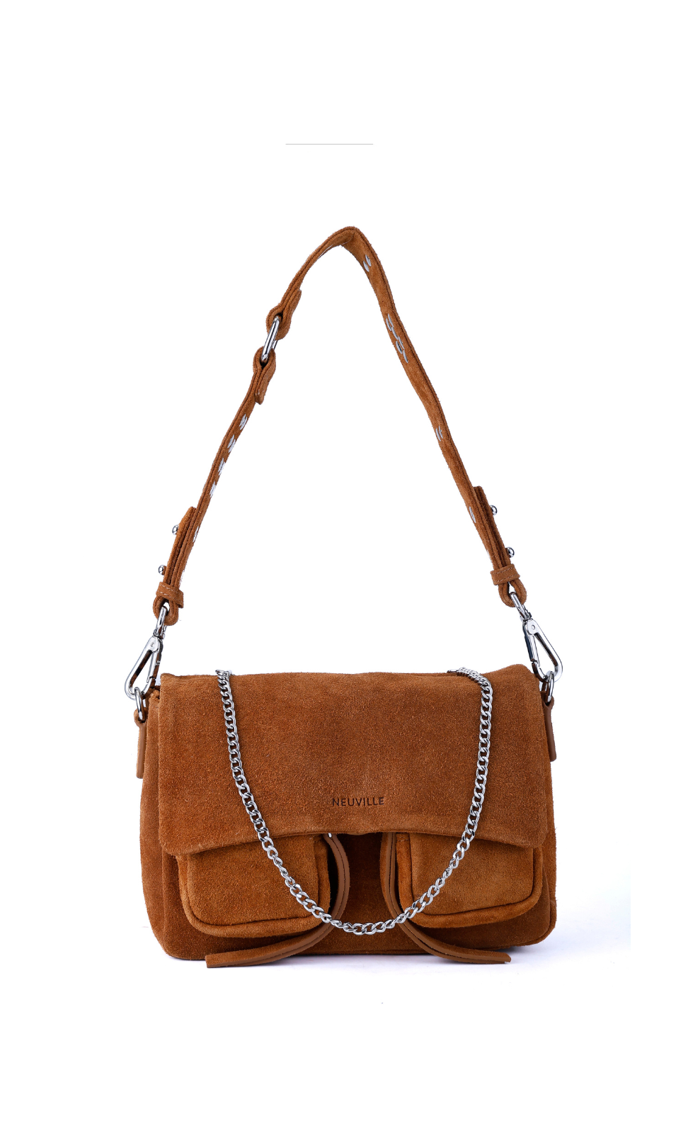 Brown suede handbag with a chain detail on a white background. Maxke suede caramel Neuville