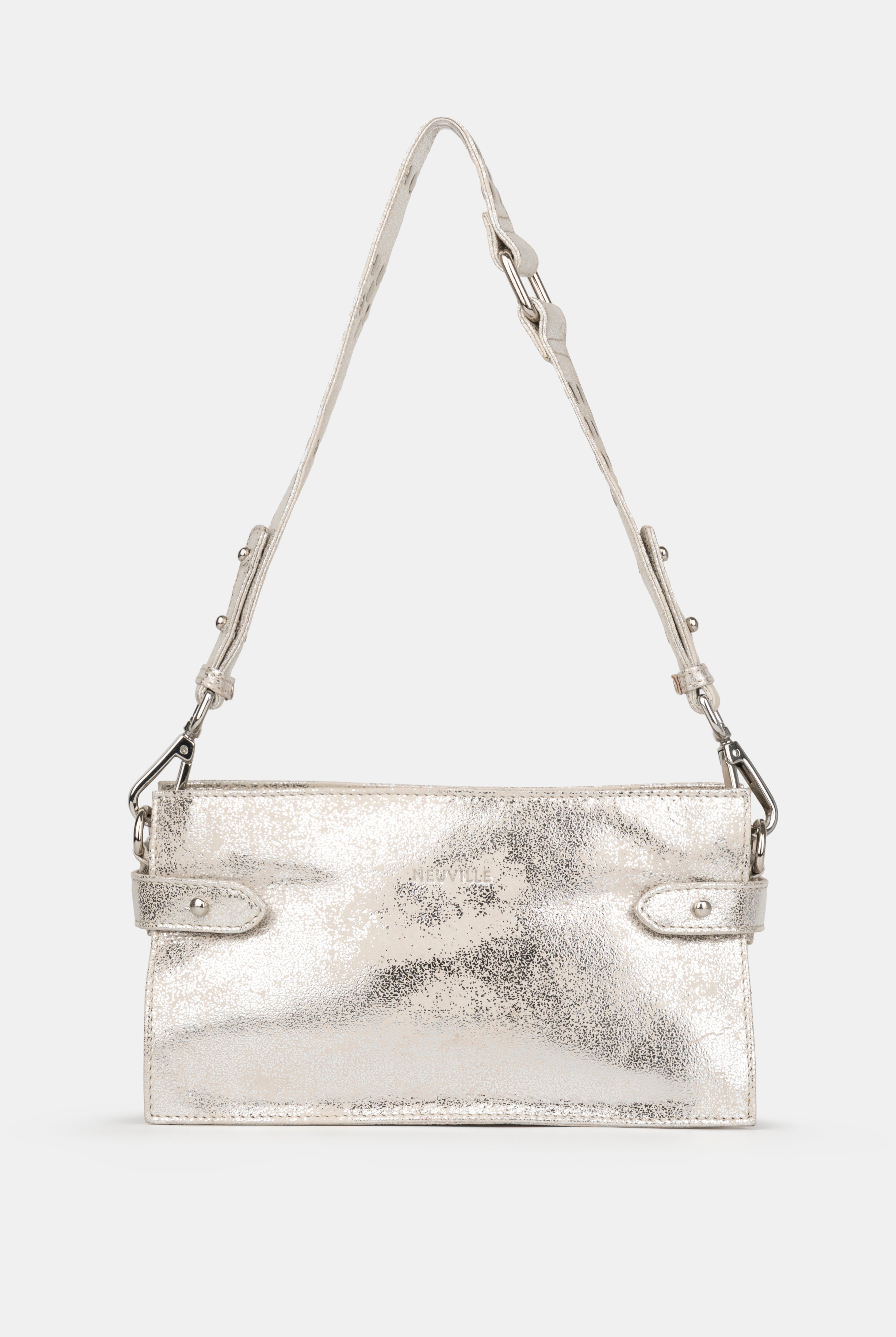 Silver metallic handbag with a strap on a white background