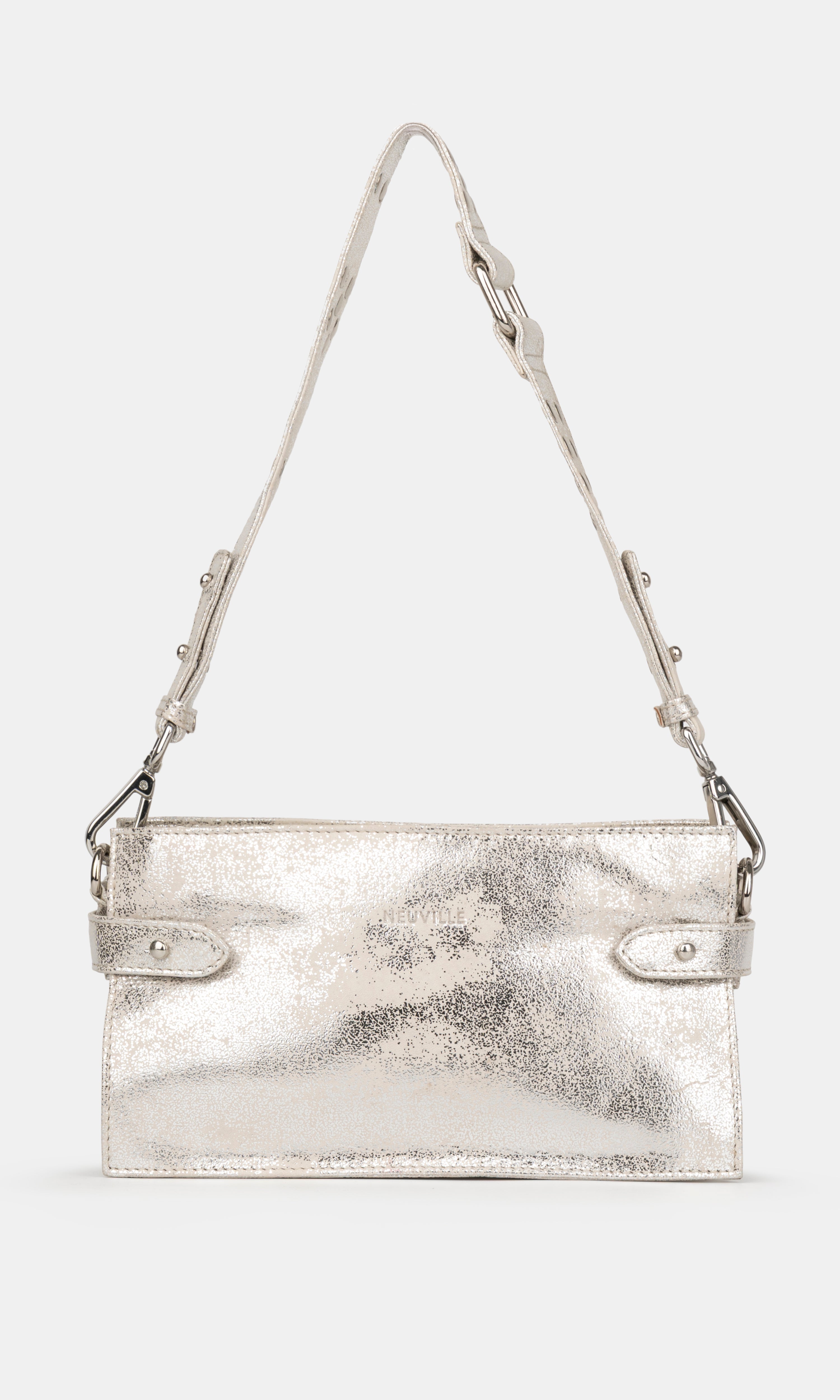 Silver metallic handbag with a strap on a white background