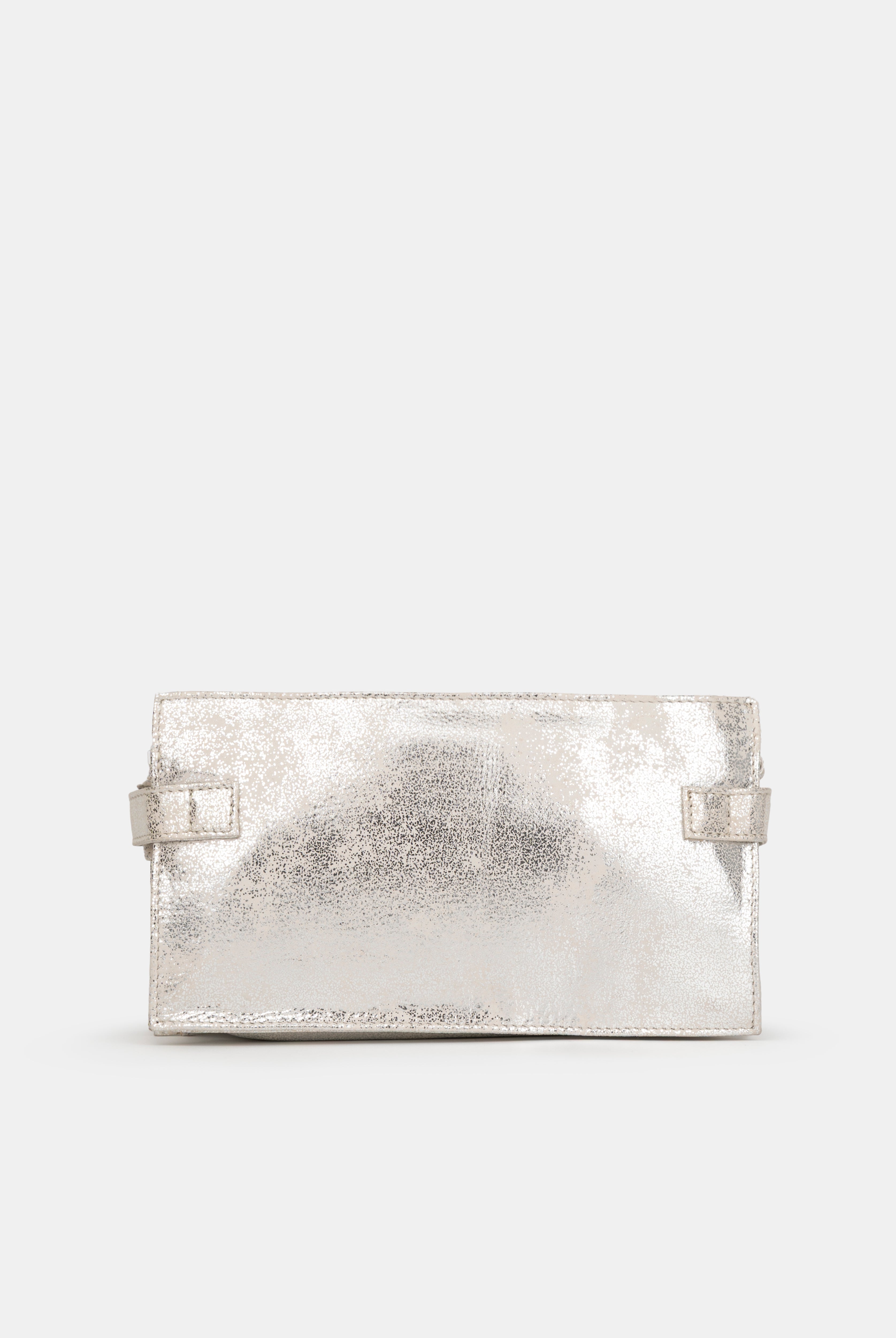 Silver clutch bag on a light gray background