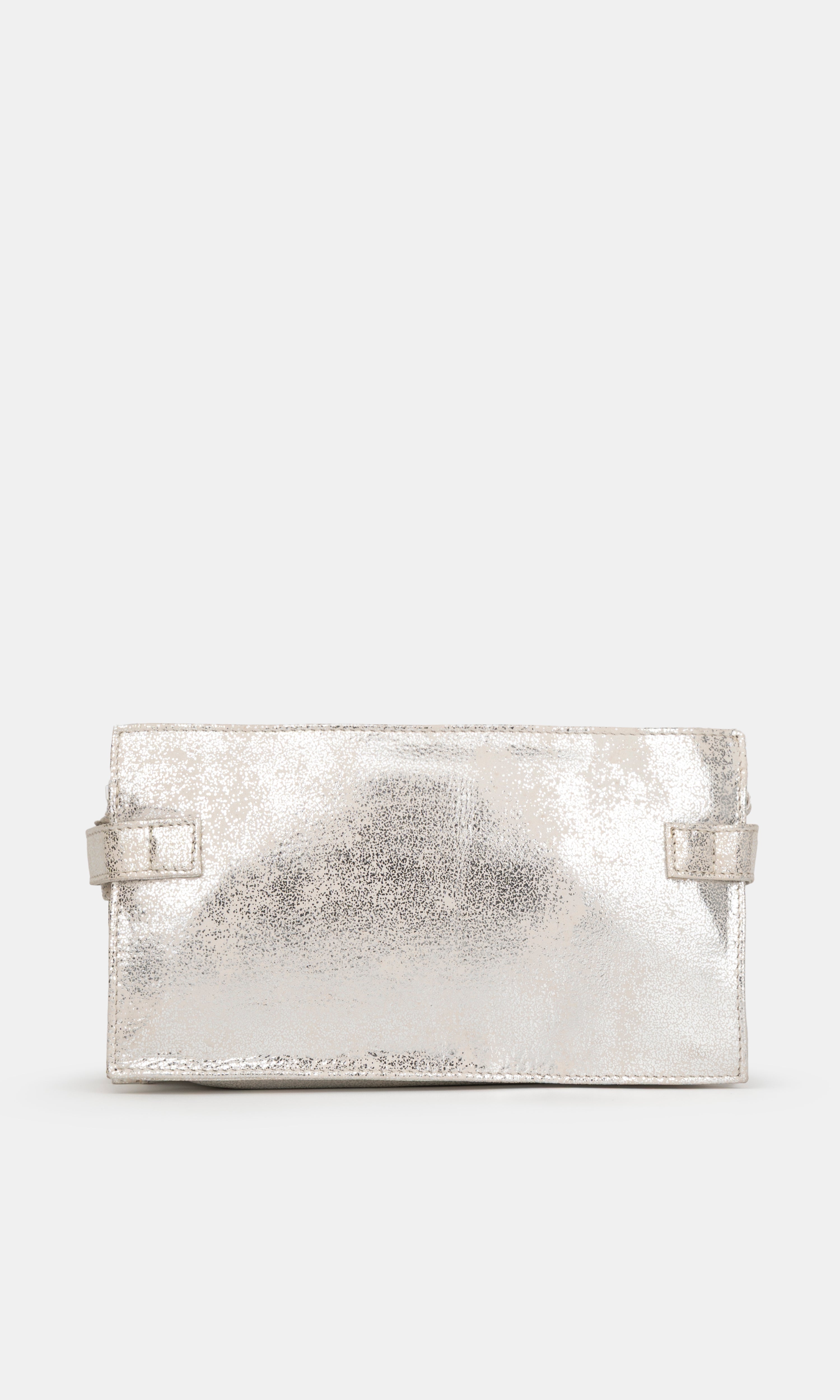 Silver clutch bag on a light gray background
