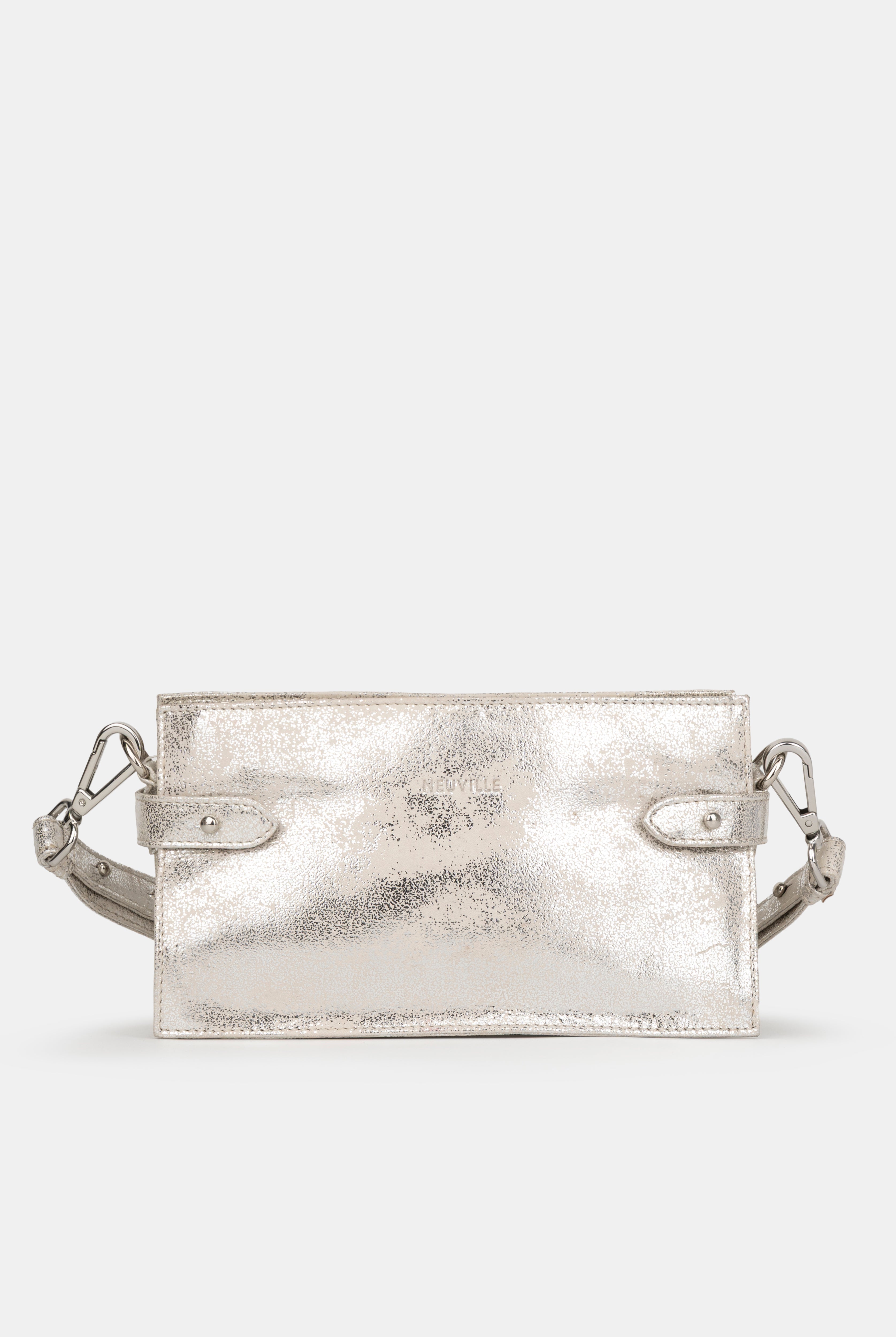 Silver metallic handbag on a white background