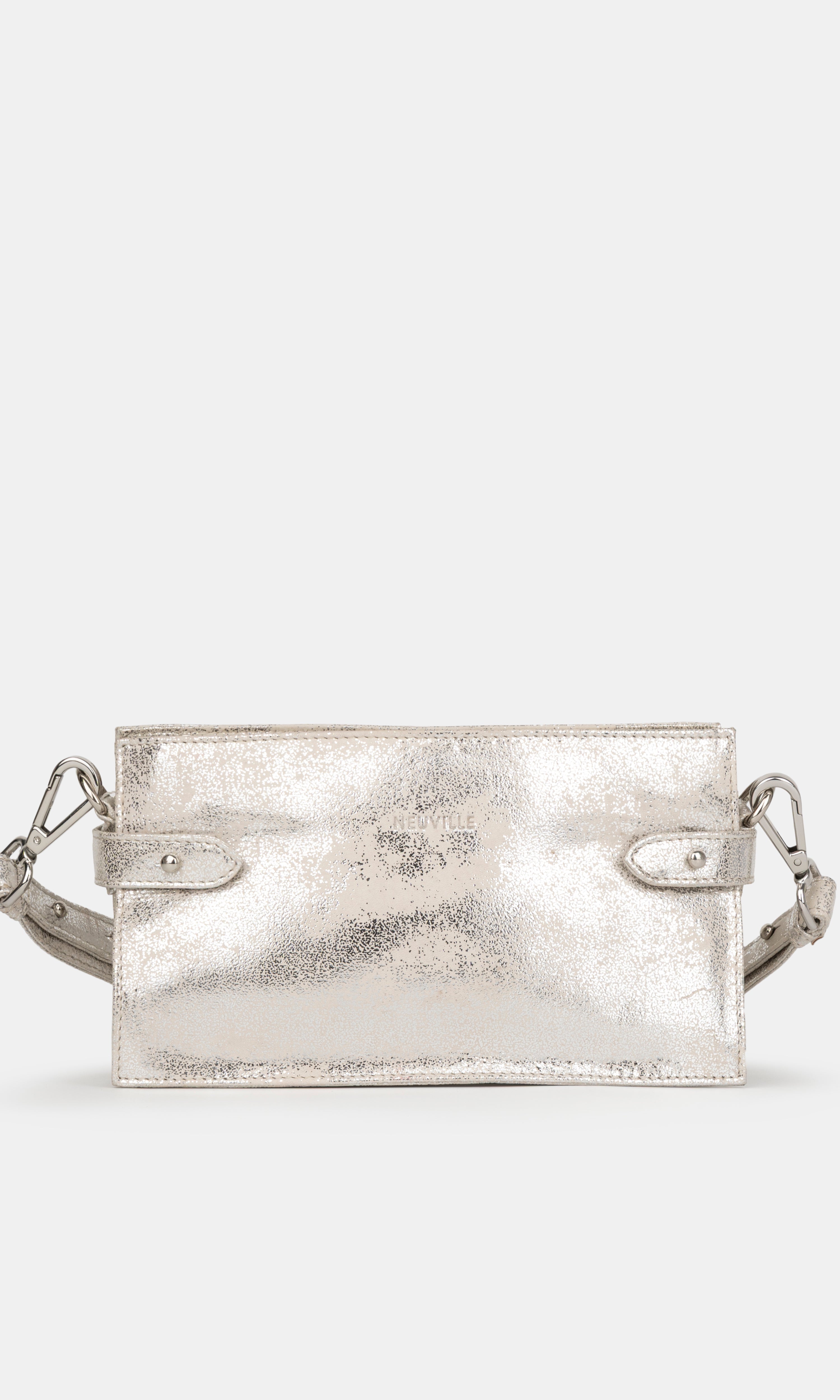 Silver metallic handbag on a white background