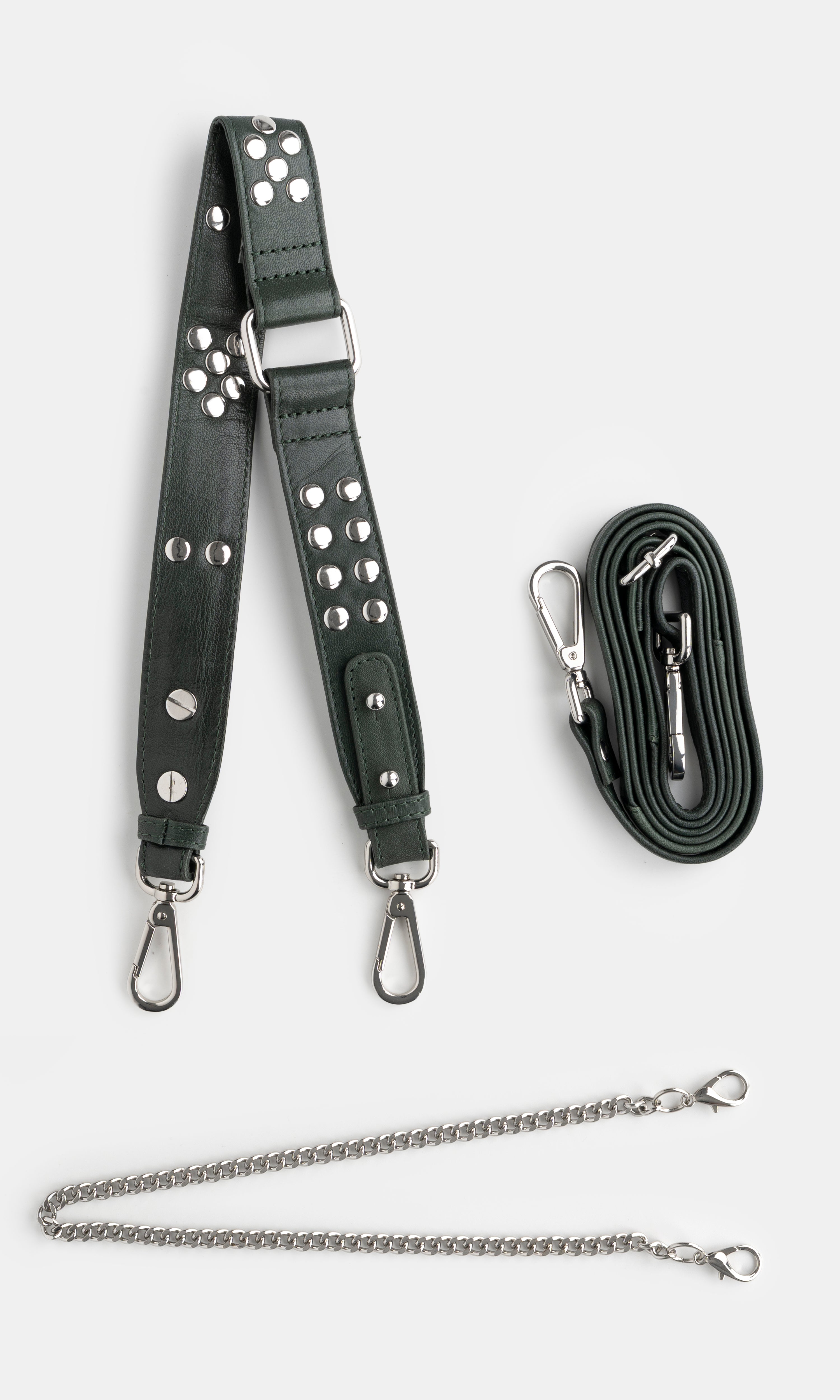 green leather strap with silver studs and hardware on a white background