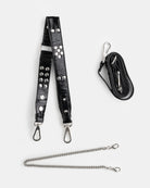 Black leather strap with studs and chain, and a black lanyard on a white background