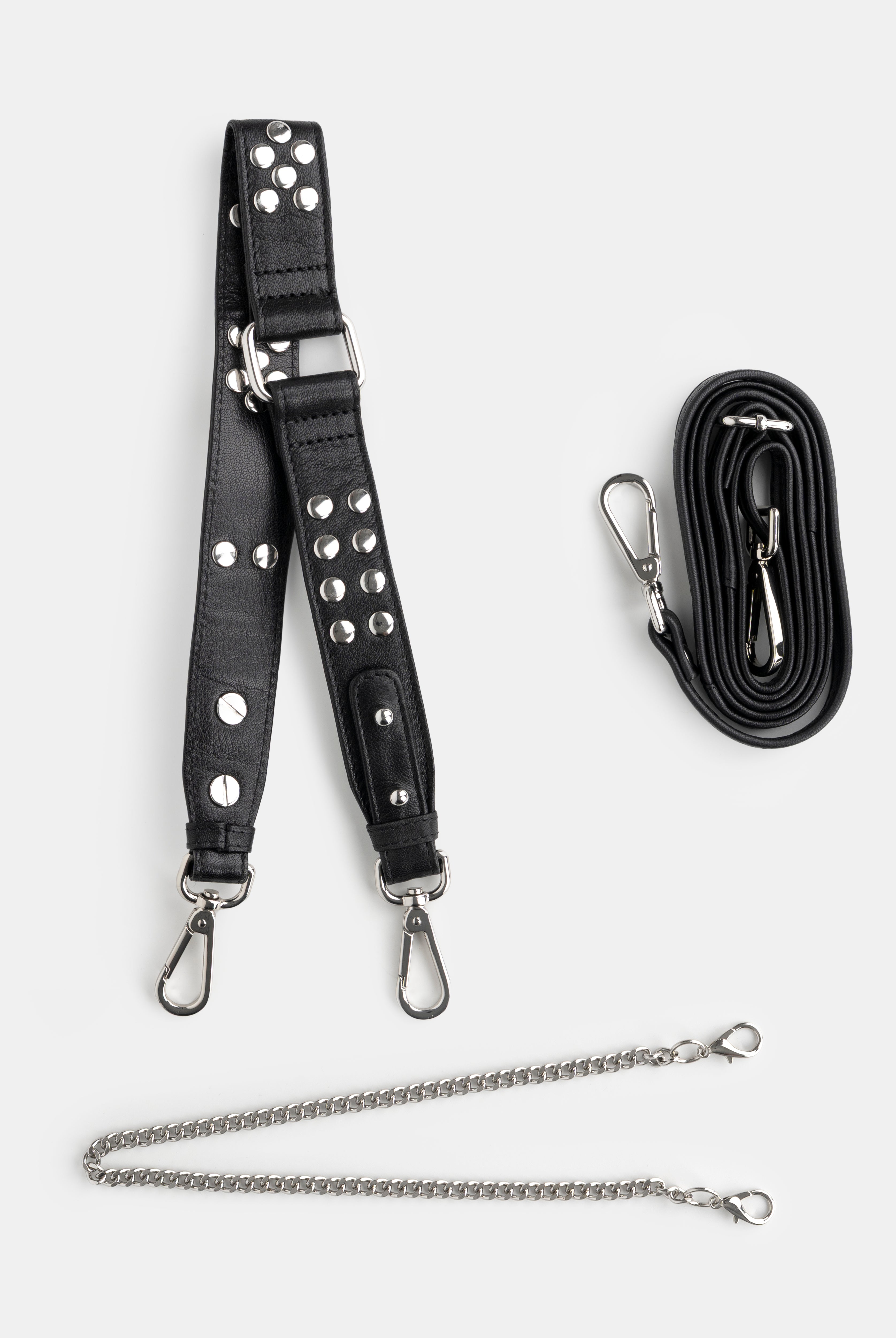 Maxke Black Leather shoulder strap, crossbody strap and chain of the brand Neuville. Front photo of all the straps