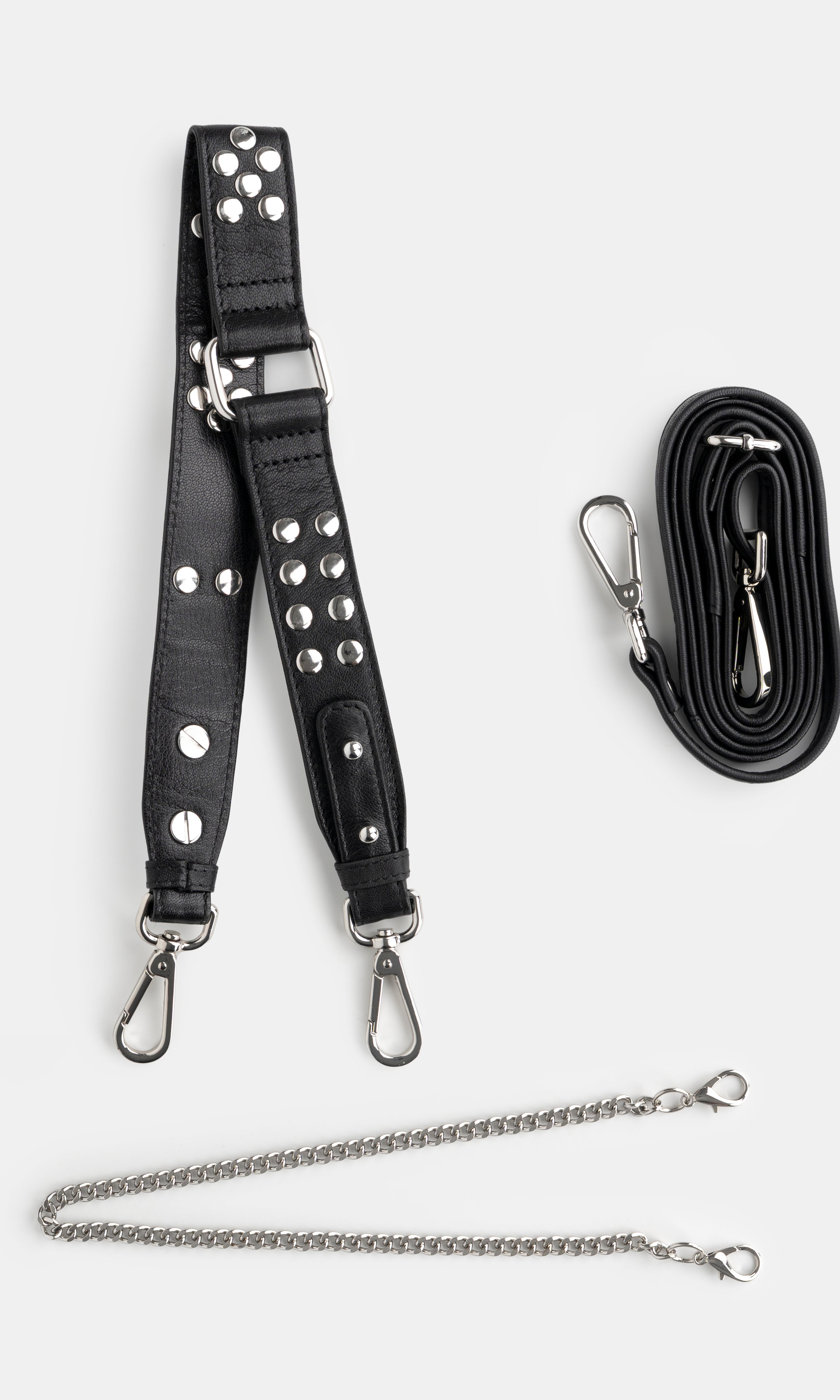 Maxke Black Leather shoulder strap, crossbody strap and chain of the brand Neuville. Front photo of all the straps