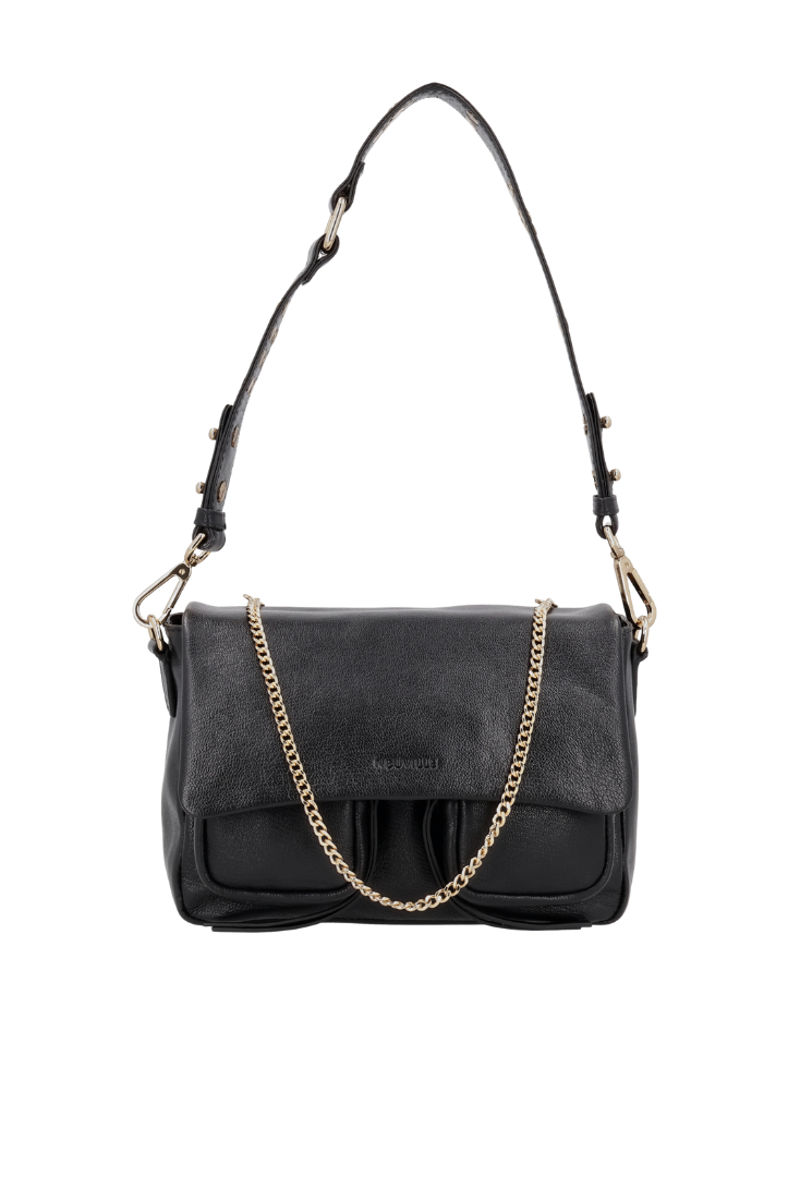 A black leather handbag with golden hardware, featuring a shoulder strap, crossbody strap, and a decorative metal chain, displayed against a plain background.
