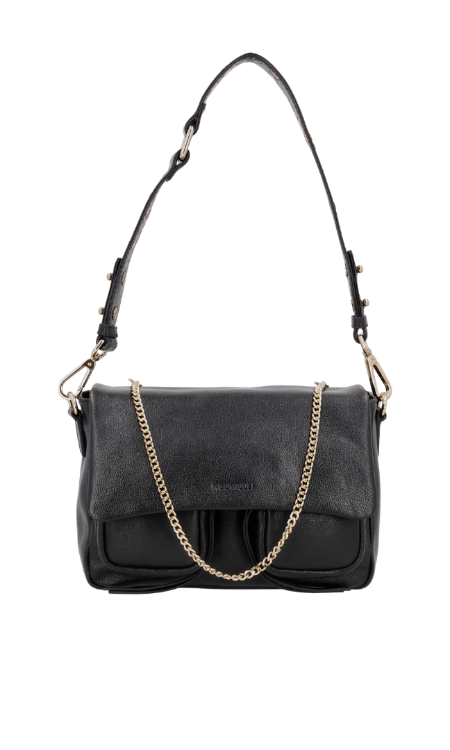 A black leather handbag with golden hardware, featuring a shoulder strap, crossbody strap, and a decorative metal chain, displayed against a plain background.