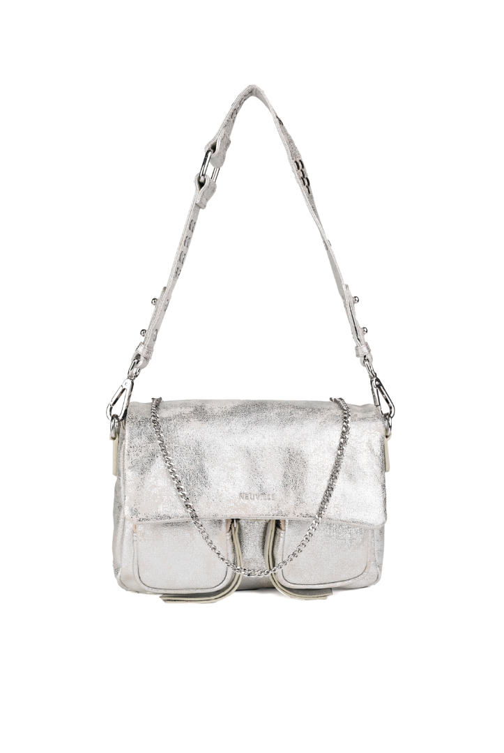 A medium-sized Maxke brand handbag with a silver finish and silver accents, featuring a leather shoulder strap, metal chain, and multiple zippered compartments.