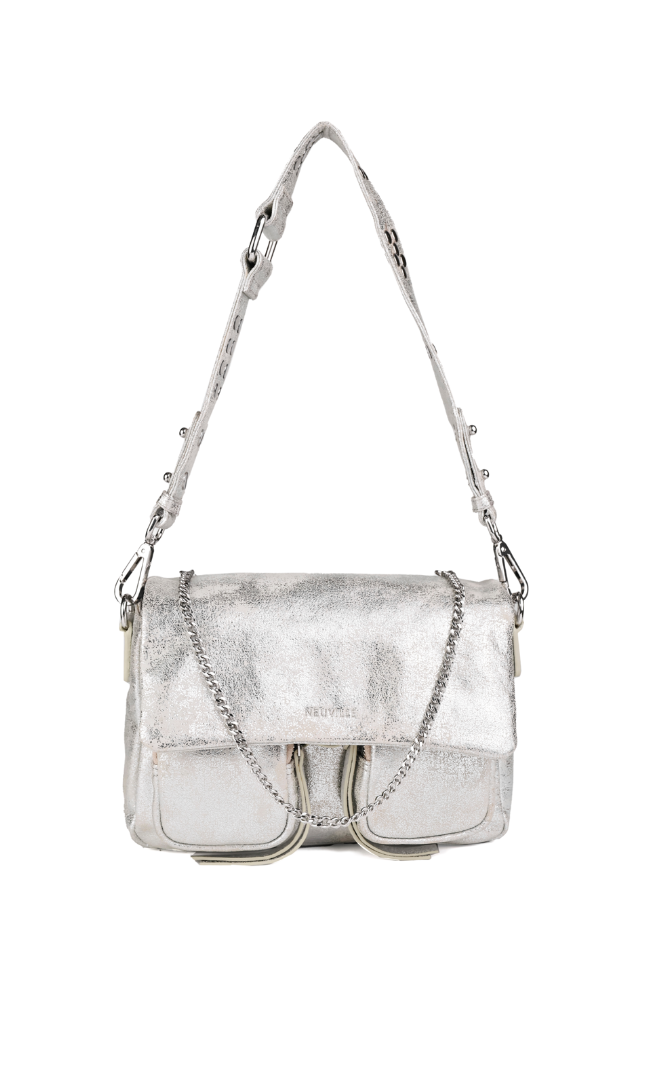 A medium-sized Maxke brand handbag with a silver finish and silver accents, featuring a leather shoulder strap, metal chain, and multiple zippered compartments.