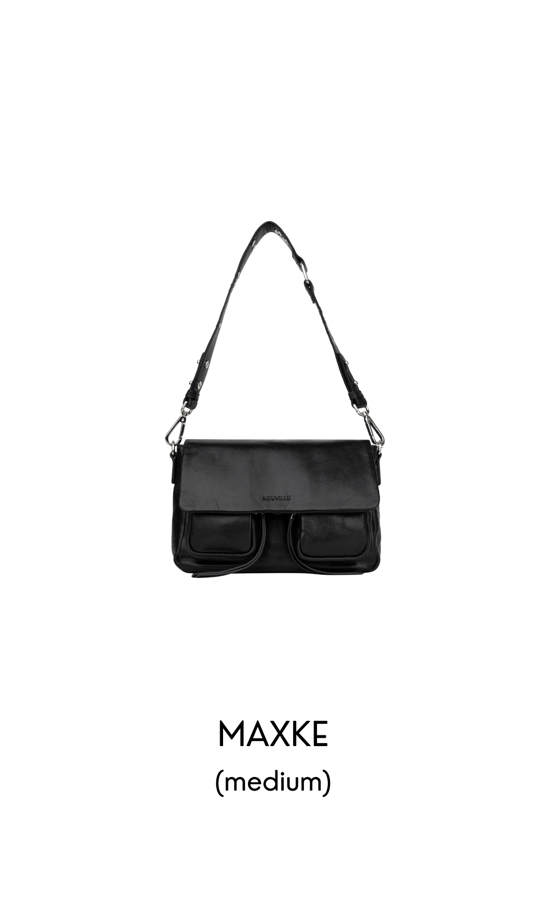 Three black handbags labeled 'MINI MAX', 'MAXKE', and 'MAX' on a white background.