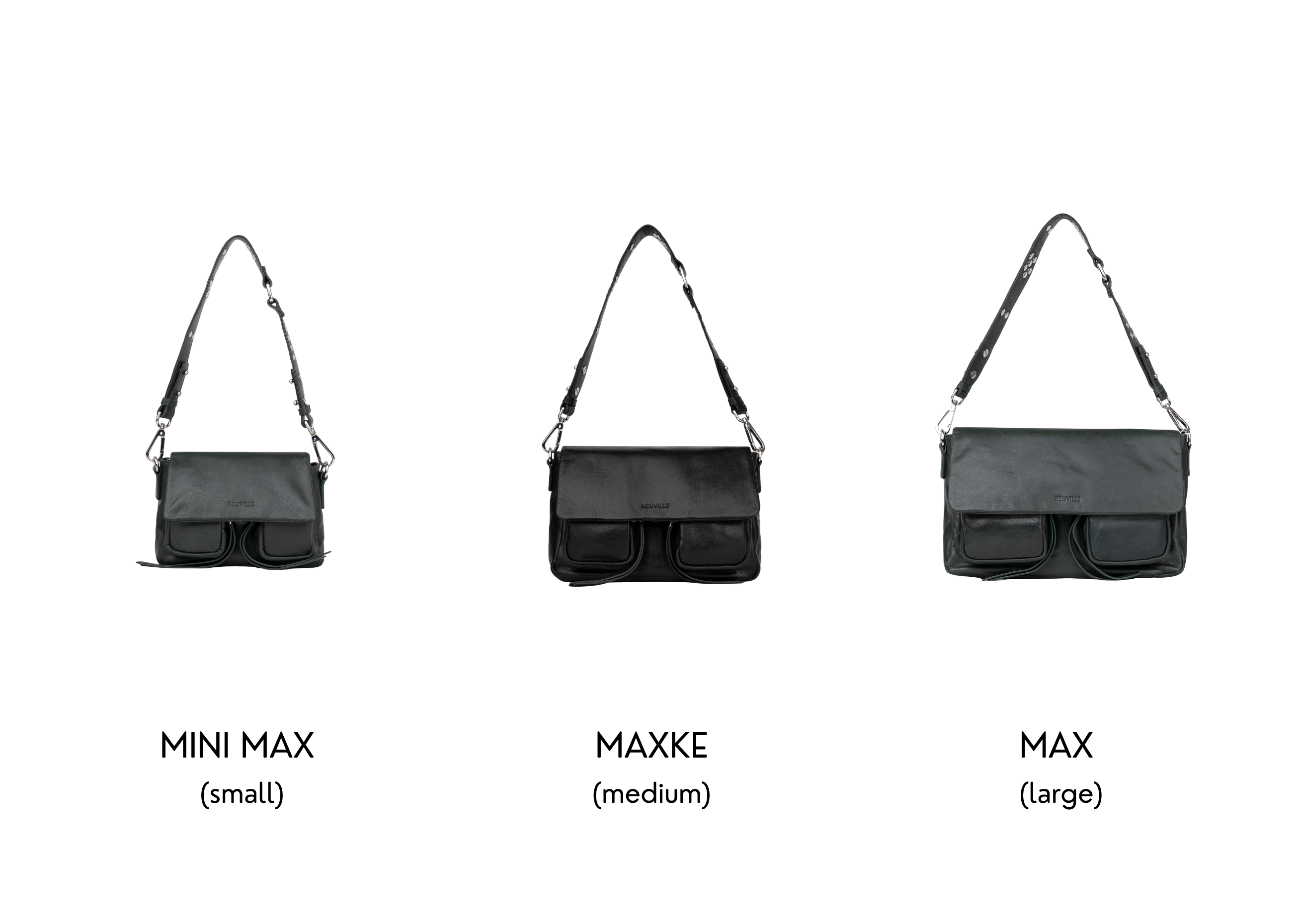 Three black handbags labeled 'MINI MAX', 'MAXKE', and 'MAX' on a white background.