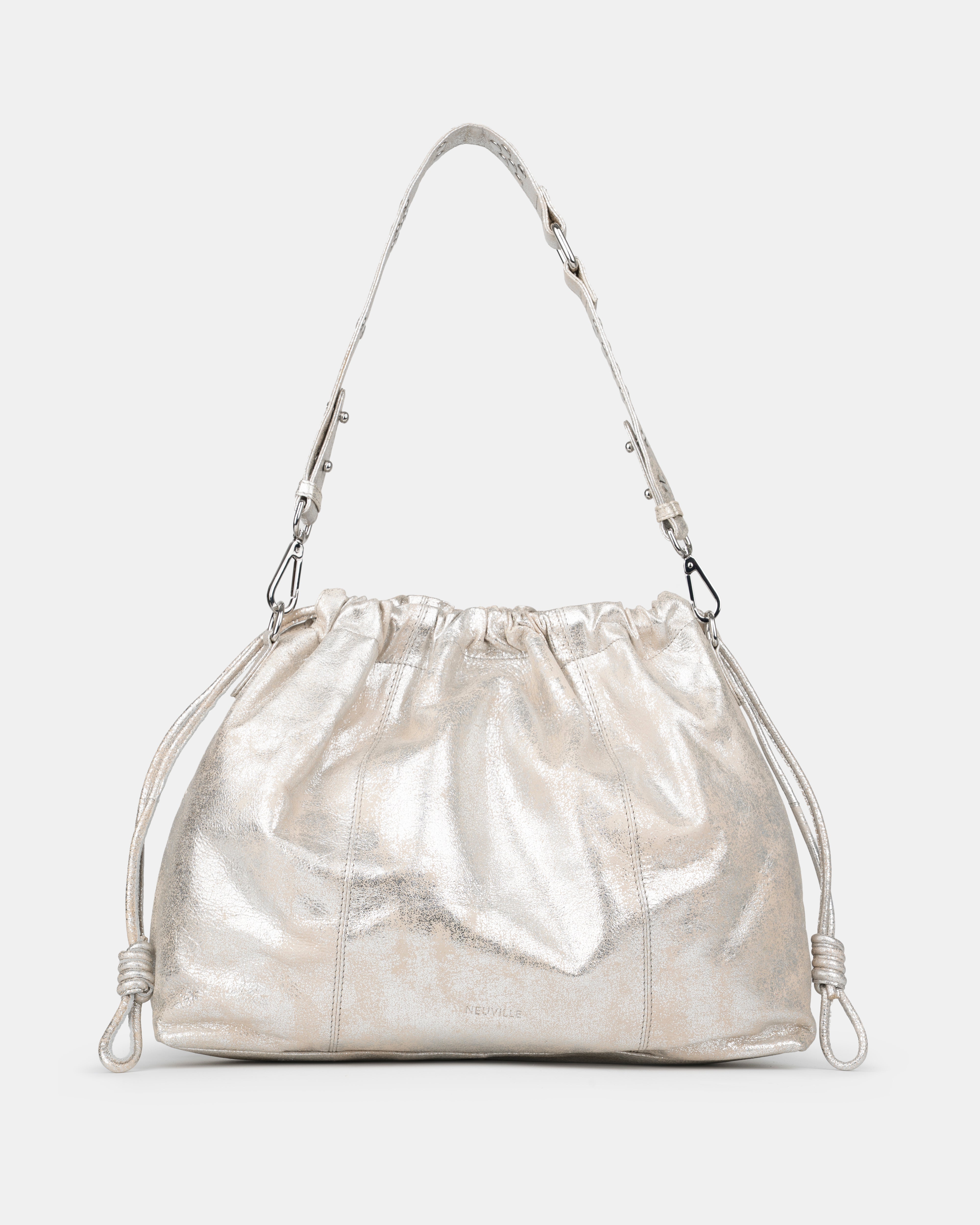 Elliot Sand Gold metallic shoulder bag on a white background with strap. Neuville bag