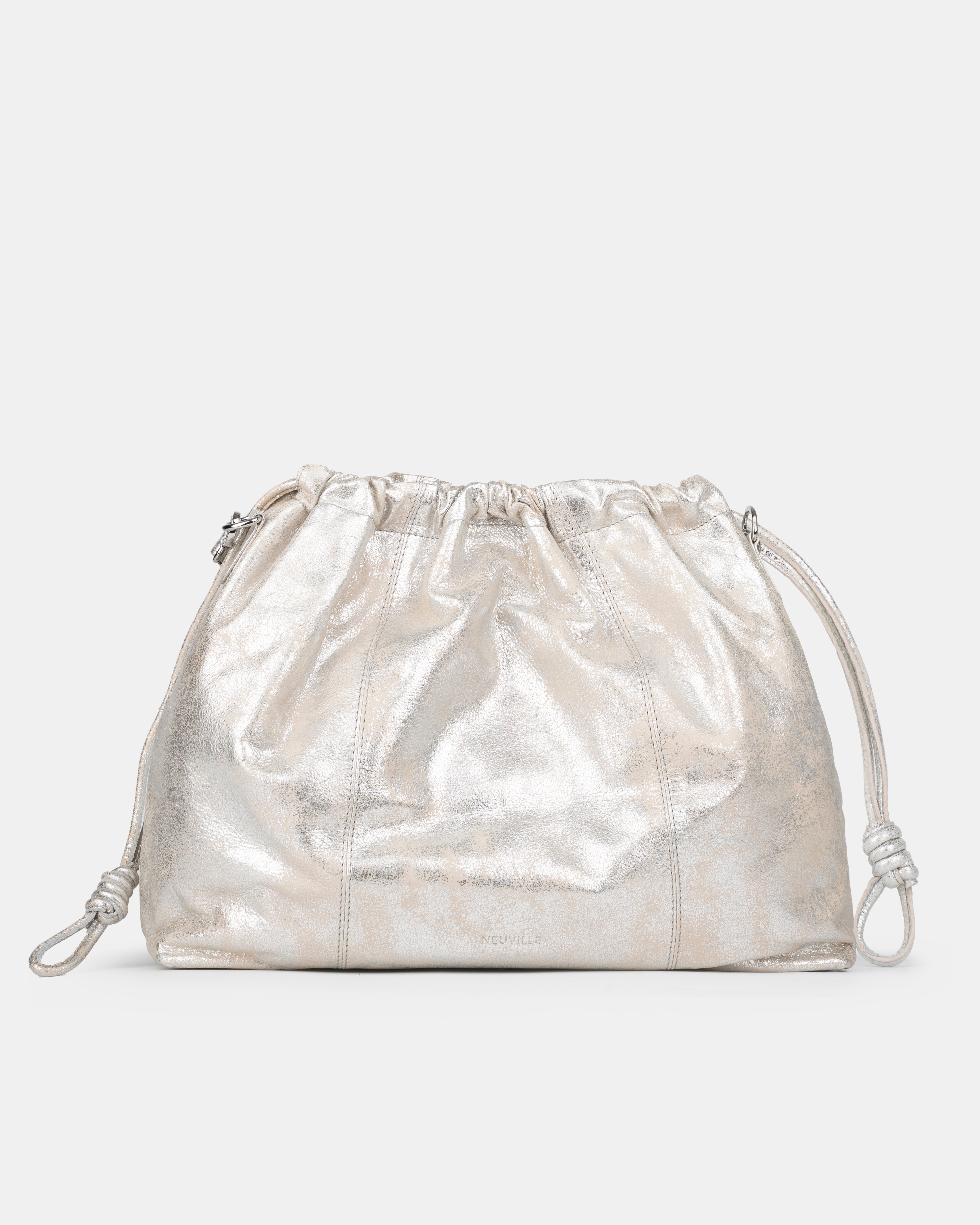 Elliot Sand Gold metallic drawstring shoulder bag on a white background. Neuville bag. Front side