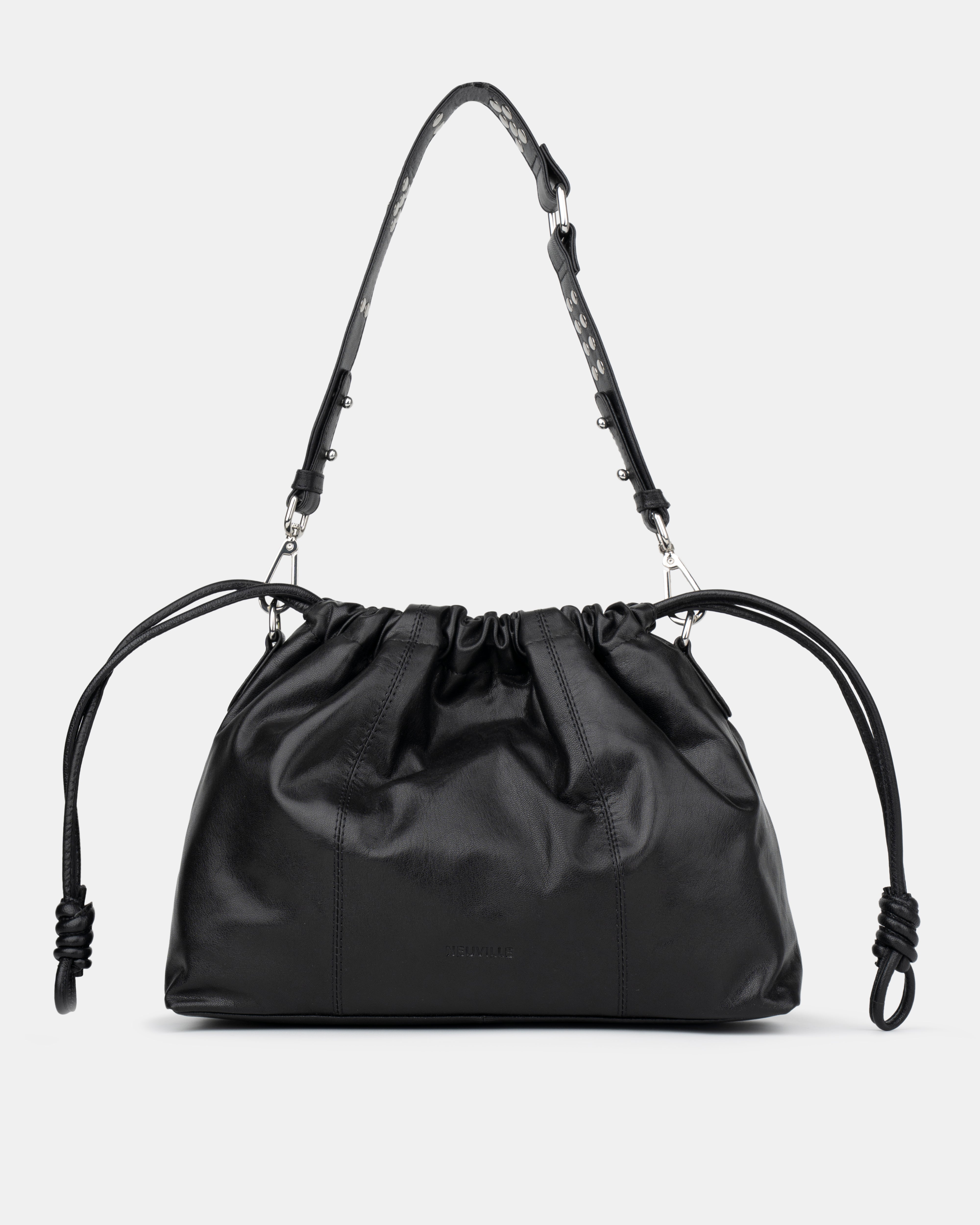 Black drawstring bag with adjustable strap on a light gray background