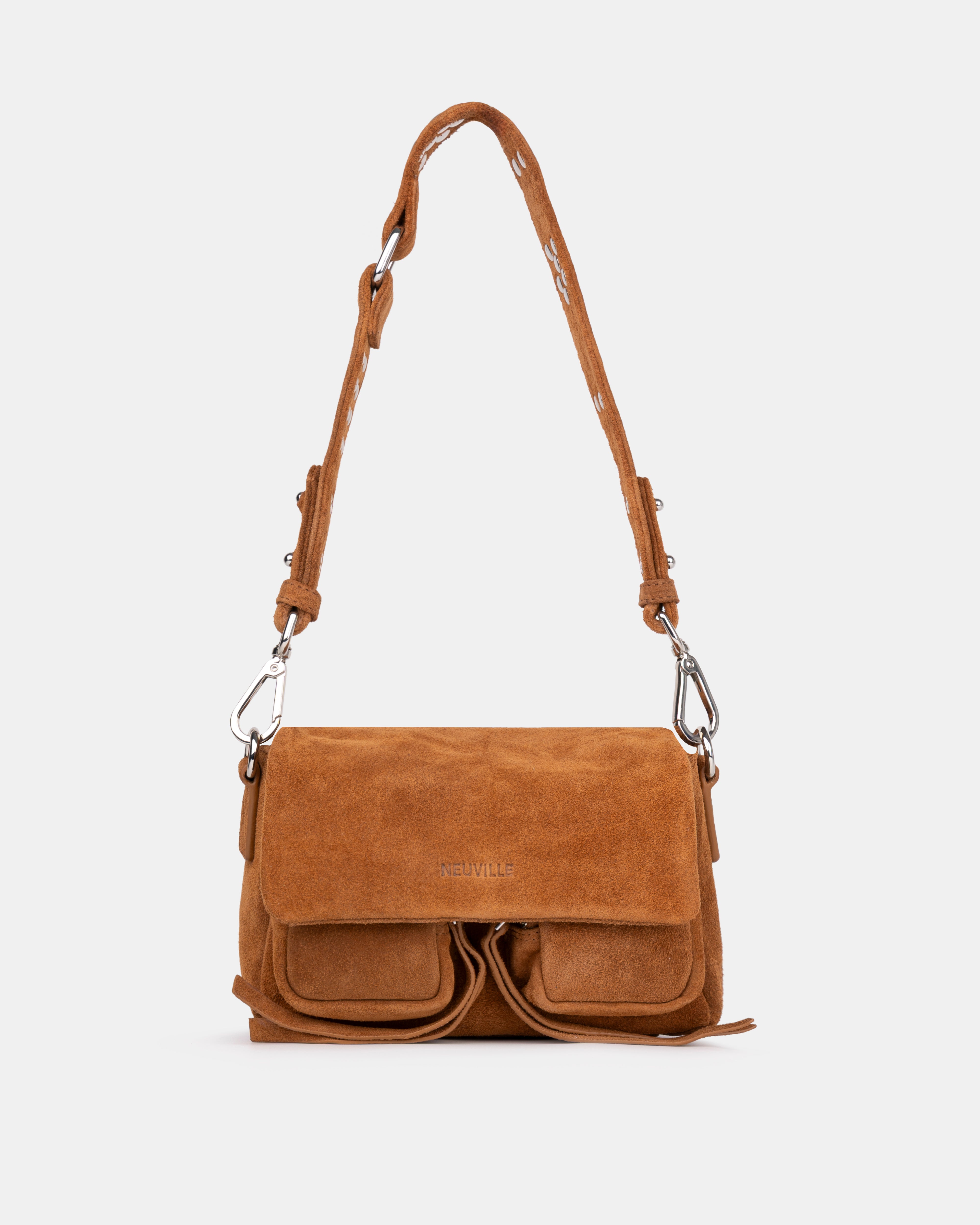 Max Mini Suede Caramel. front  side photo with strap