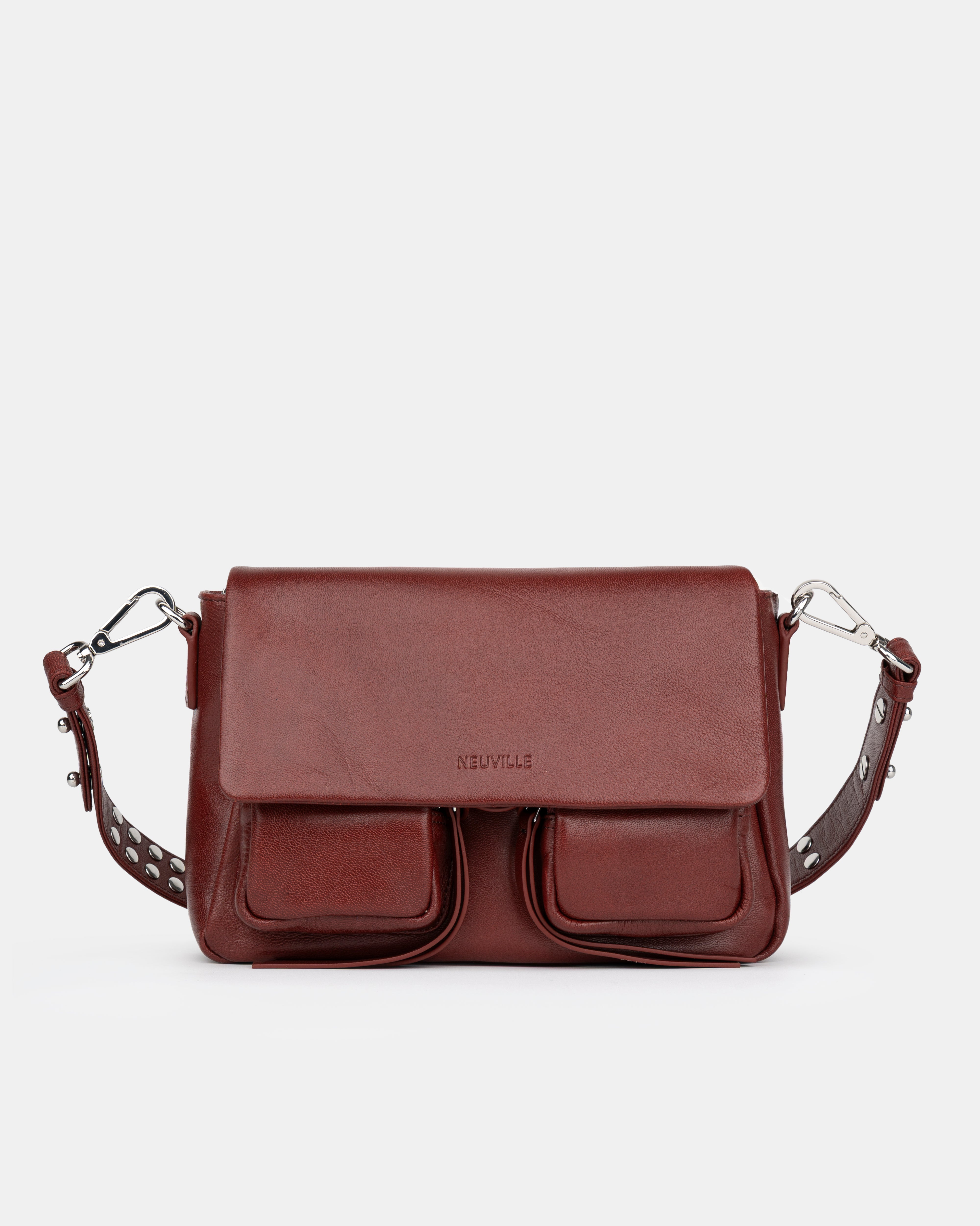Maxke  Burgundy Leather shoulder - and crossbody bag with golden hardware of the brand Neuville. Front photo 