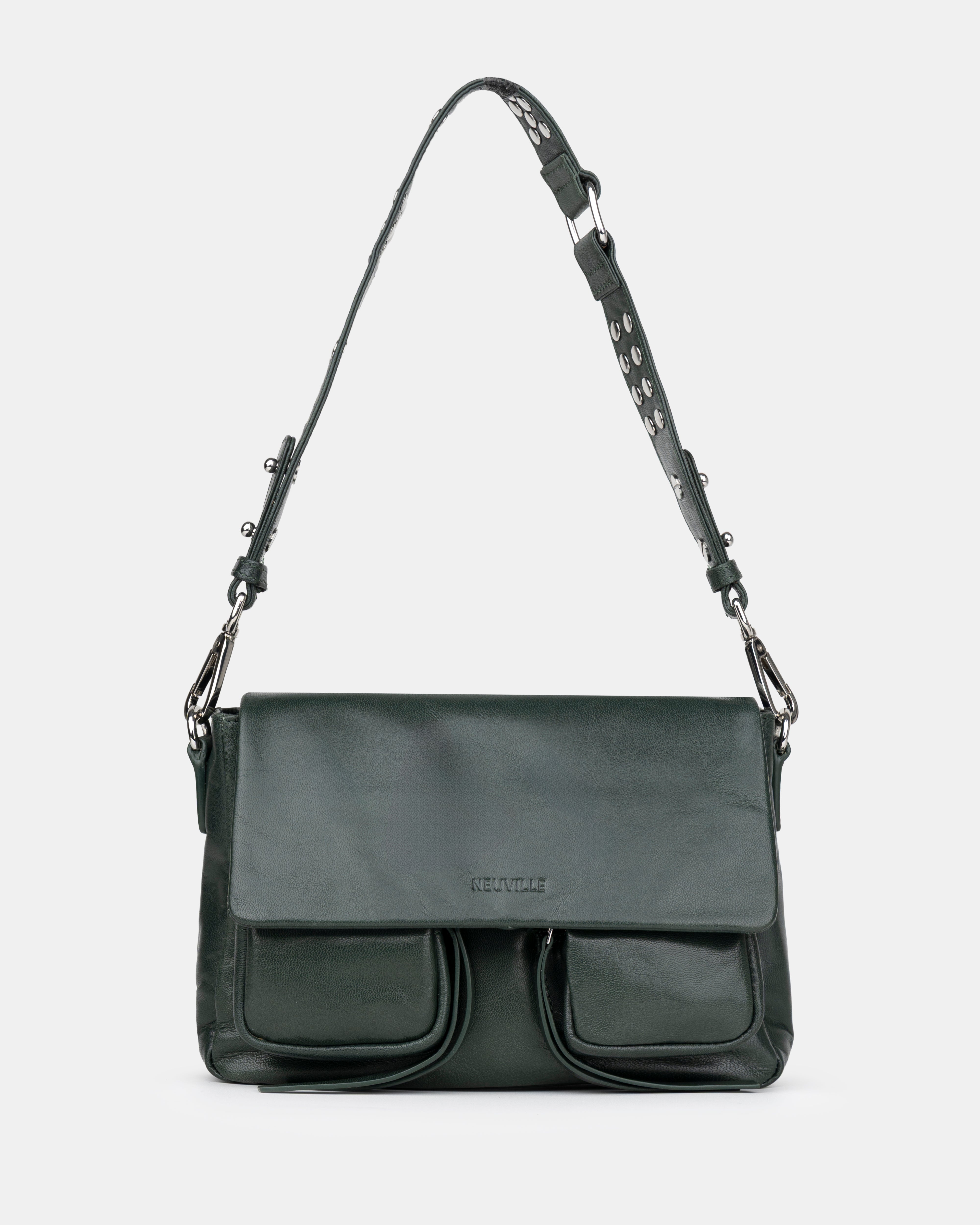 Green shoulder bag with a strap on a light gray background