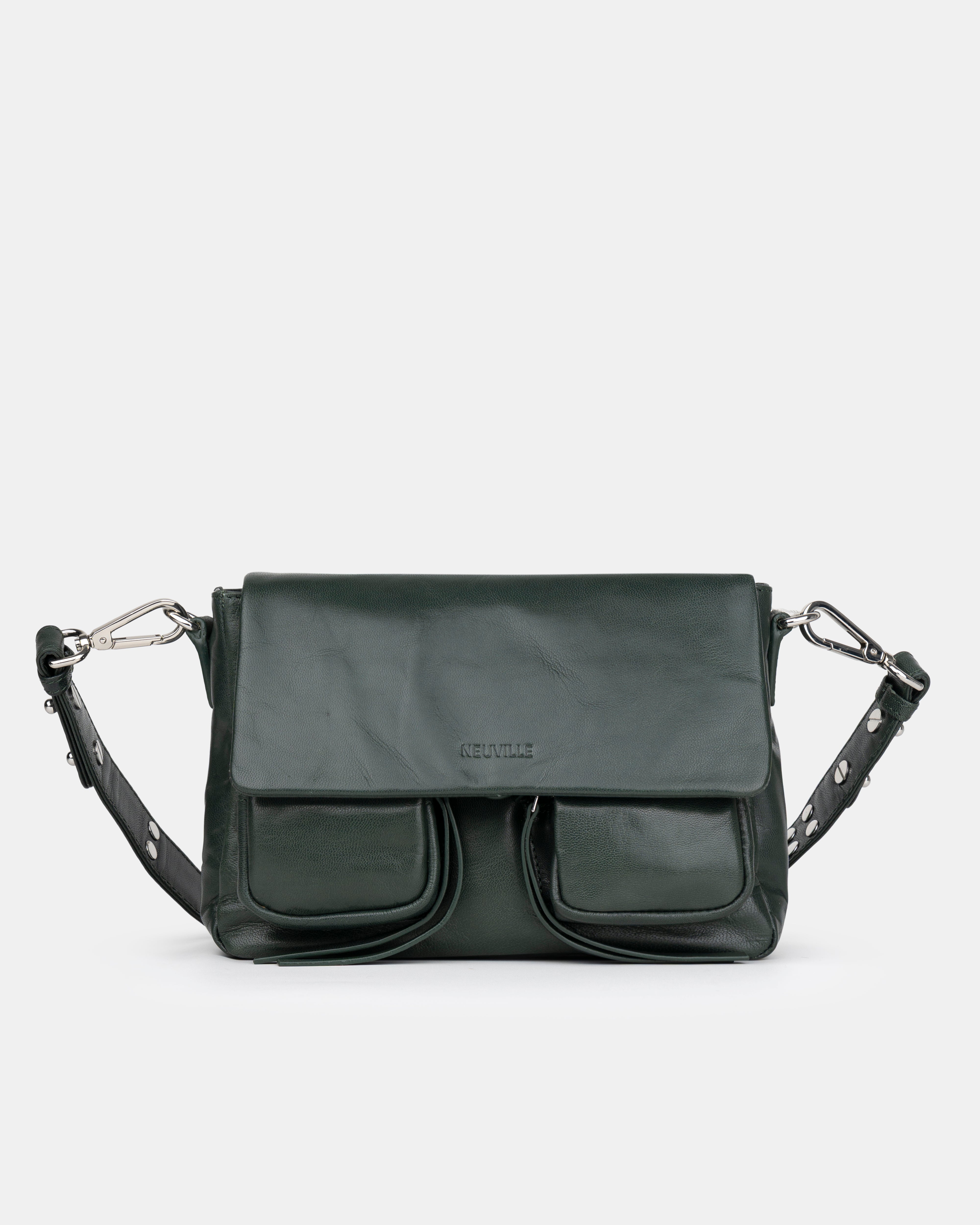 Green leather handbag with a strap on a white background