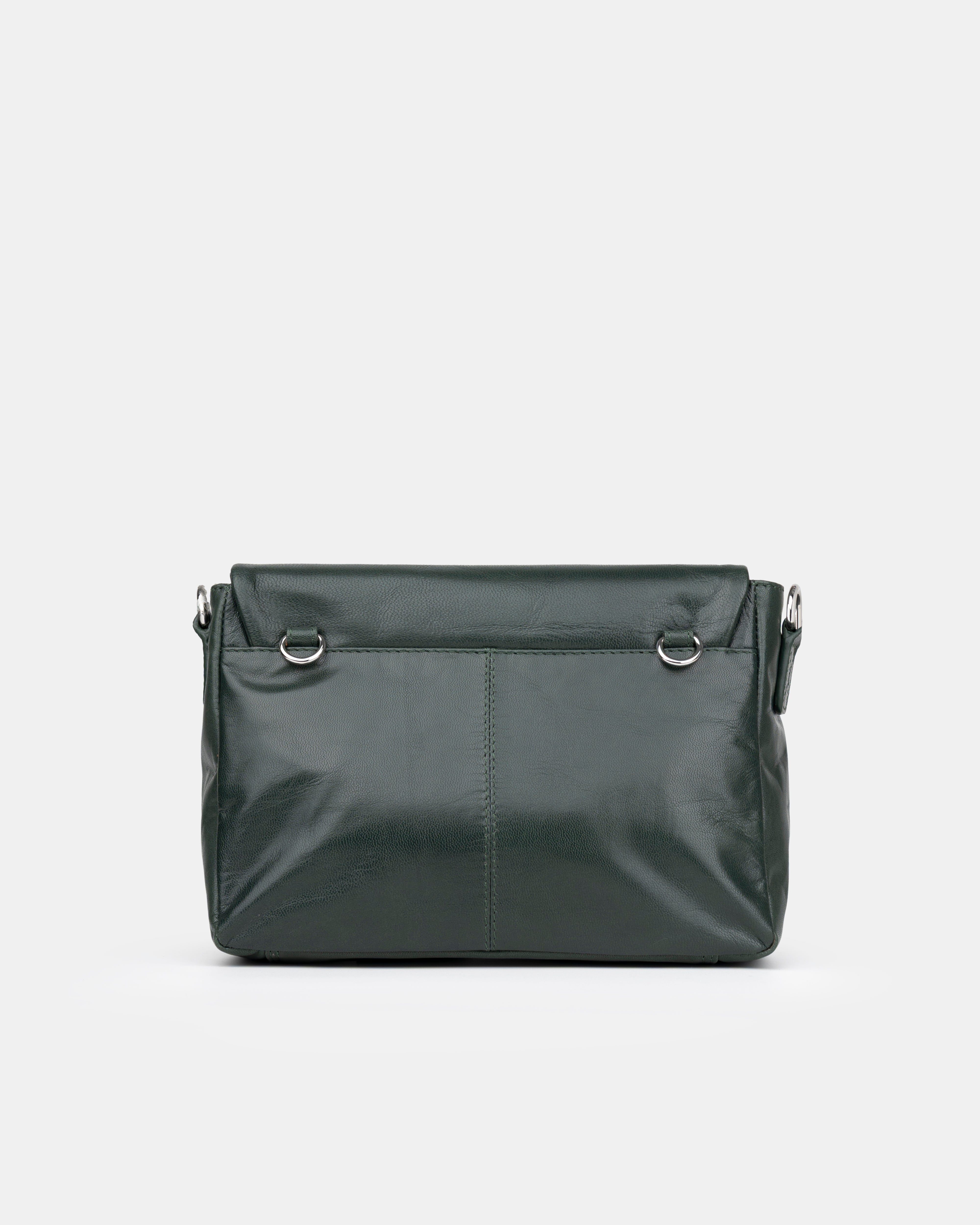 Dark  green  handbag on a light gray background