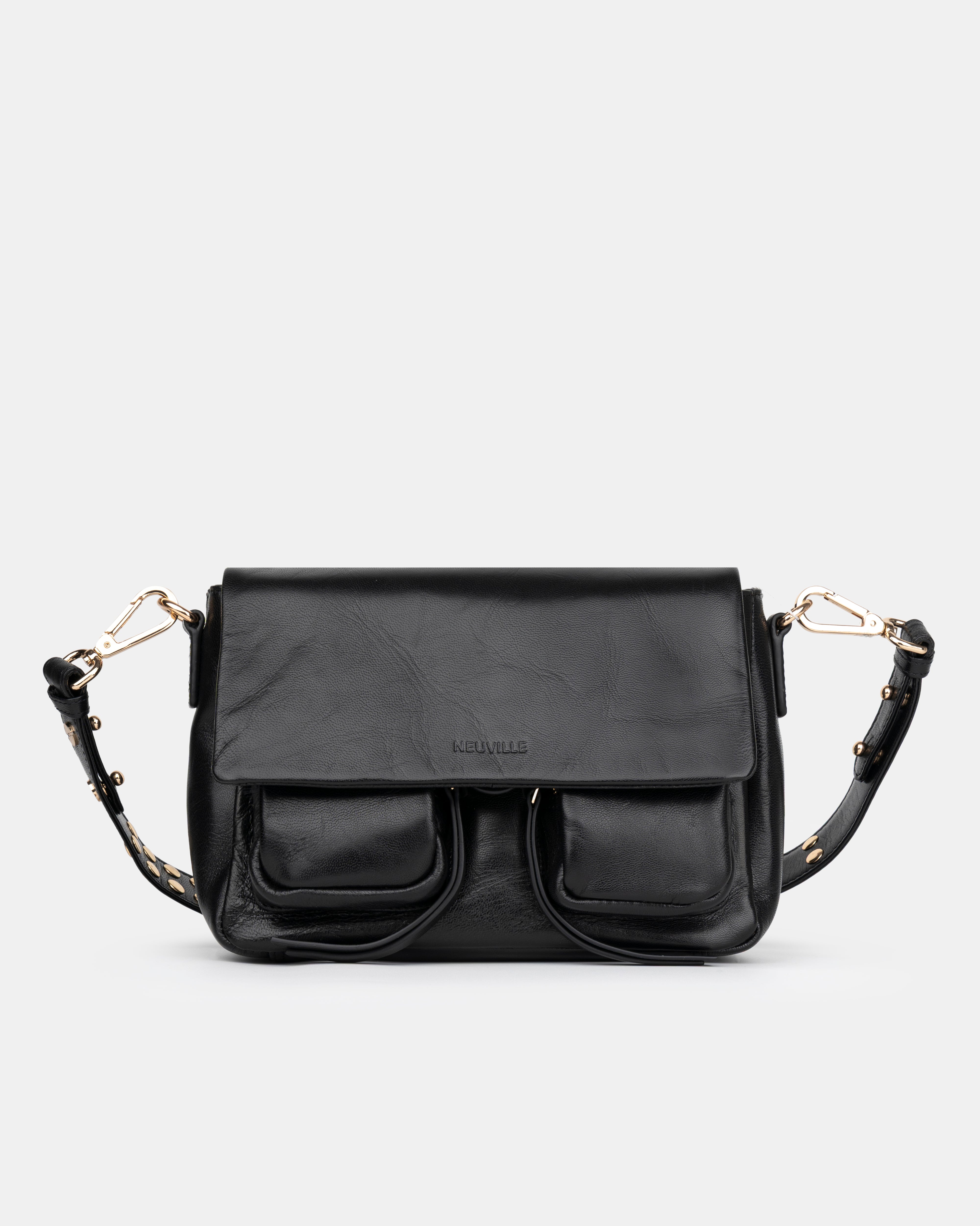 Maxke Black Leather shoulder - and crossbody bag with golden hardware of the brand Neuville. Front photo 