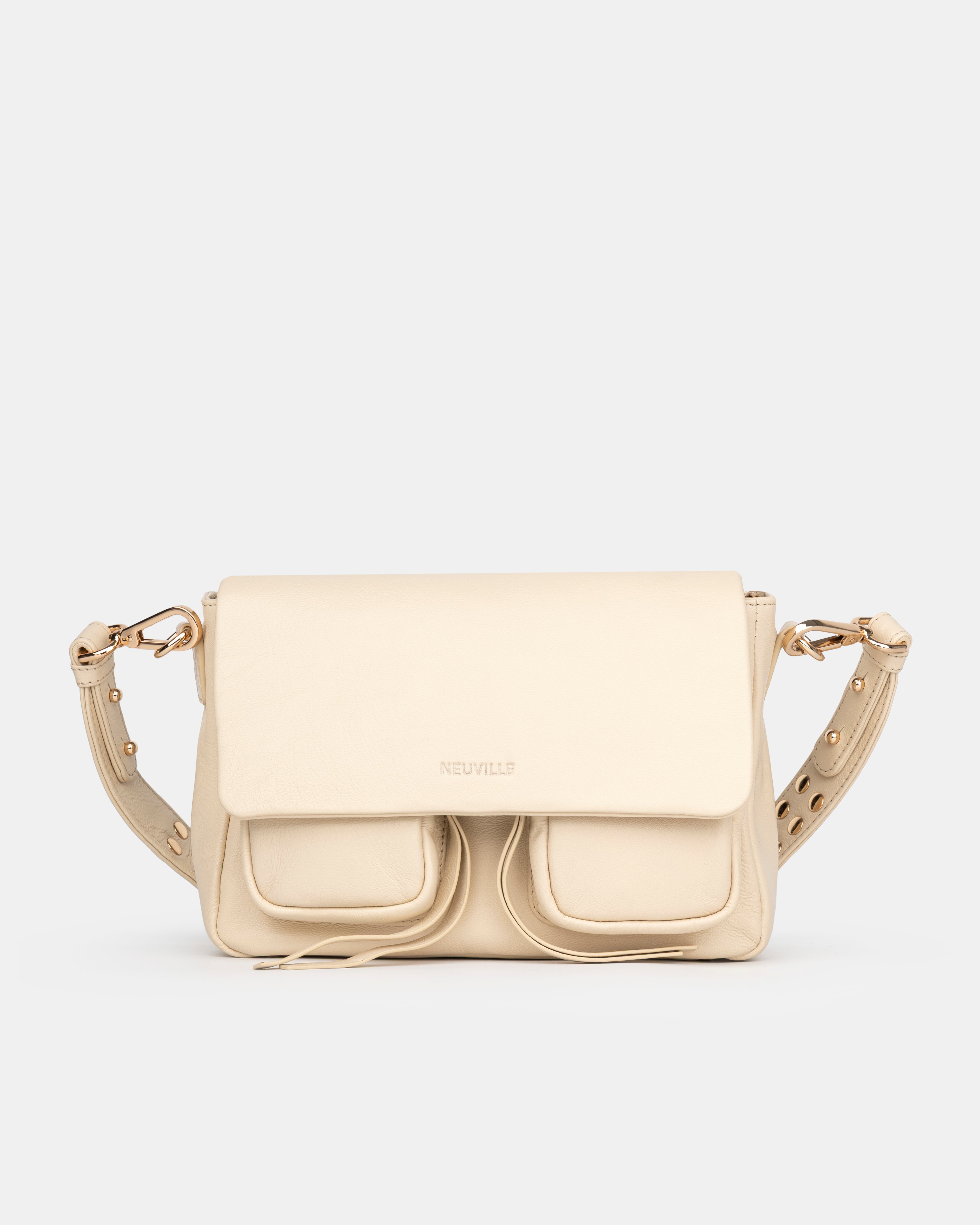 Maxke Ivory Leather shoulder - and crossbody bag with golden hardware of the brand Neuville. Front photo 