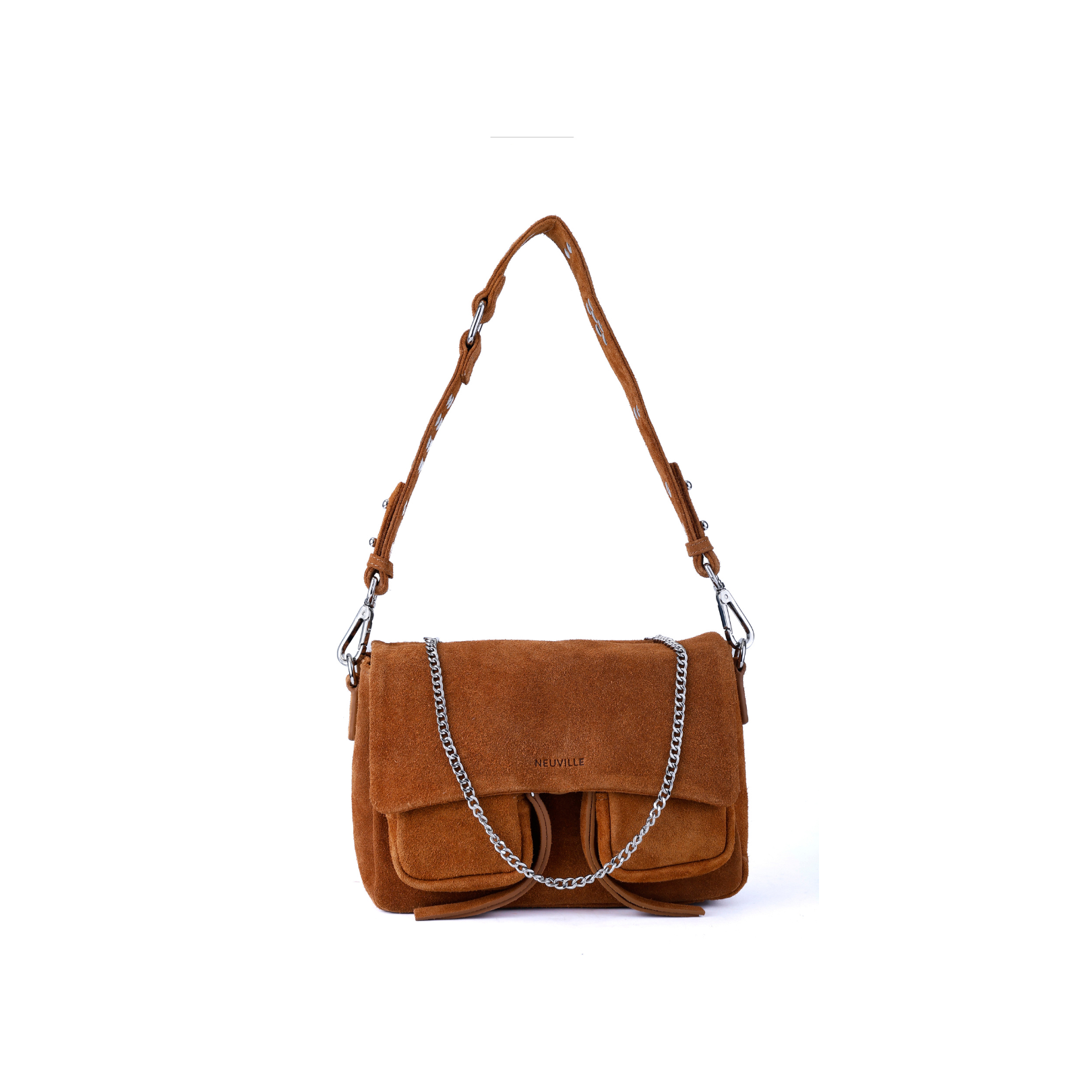 Brown suede handbag with a chain detail on a white background. Maxke suede caramel Neuville