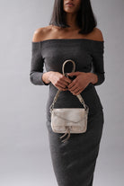 Max Mini Sand Gold, Leather Shoulder Bag, Neuville, front product photo on model