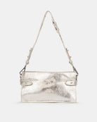 Silver metallic handbag with a strap on a white background