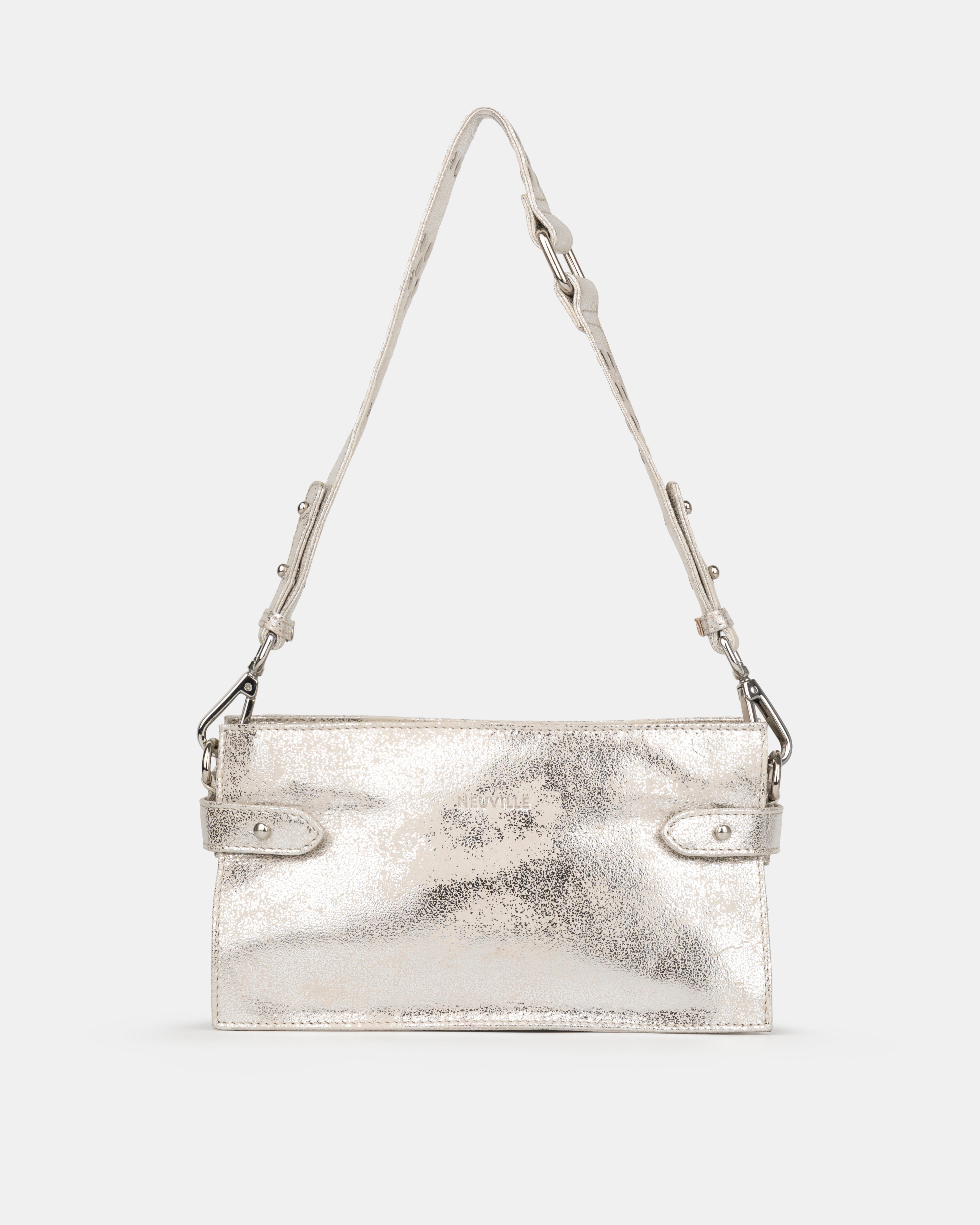 Silver metallic handbag with a strap on a white background