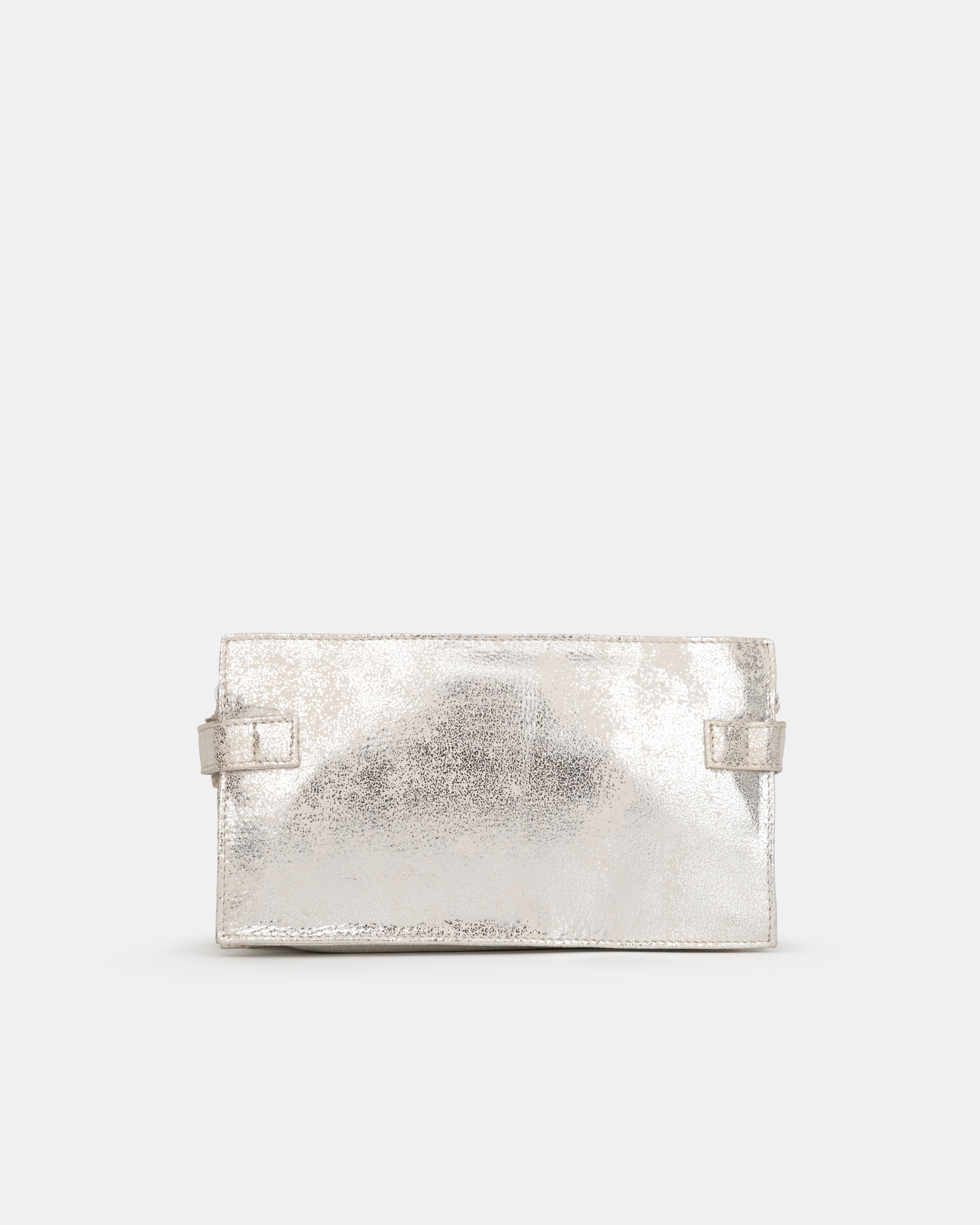 Silver clutch bag on a light gray background