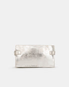 Silver clutch bag on a light gray background