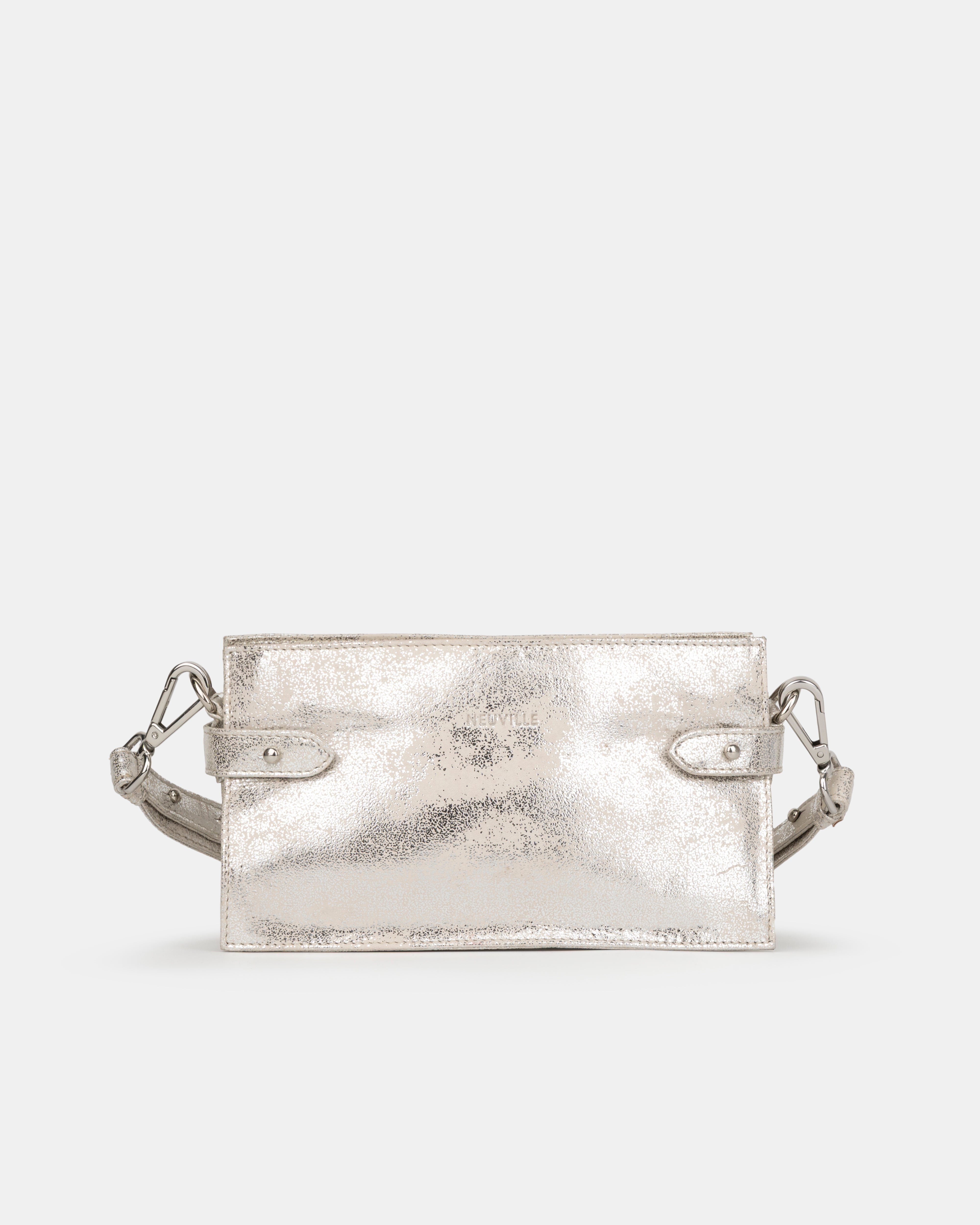 Silver metallic handbag on a white background