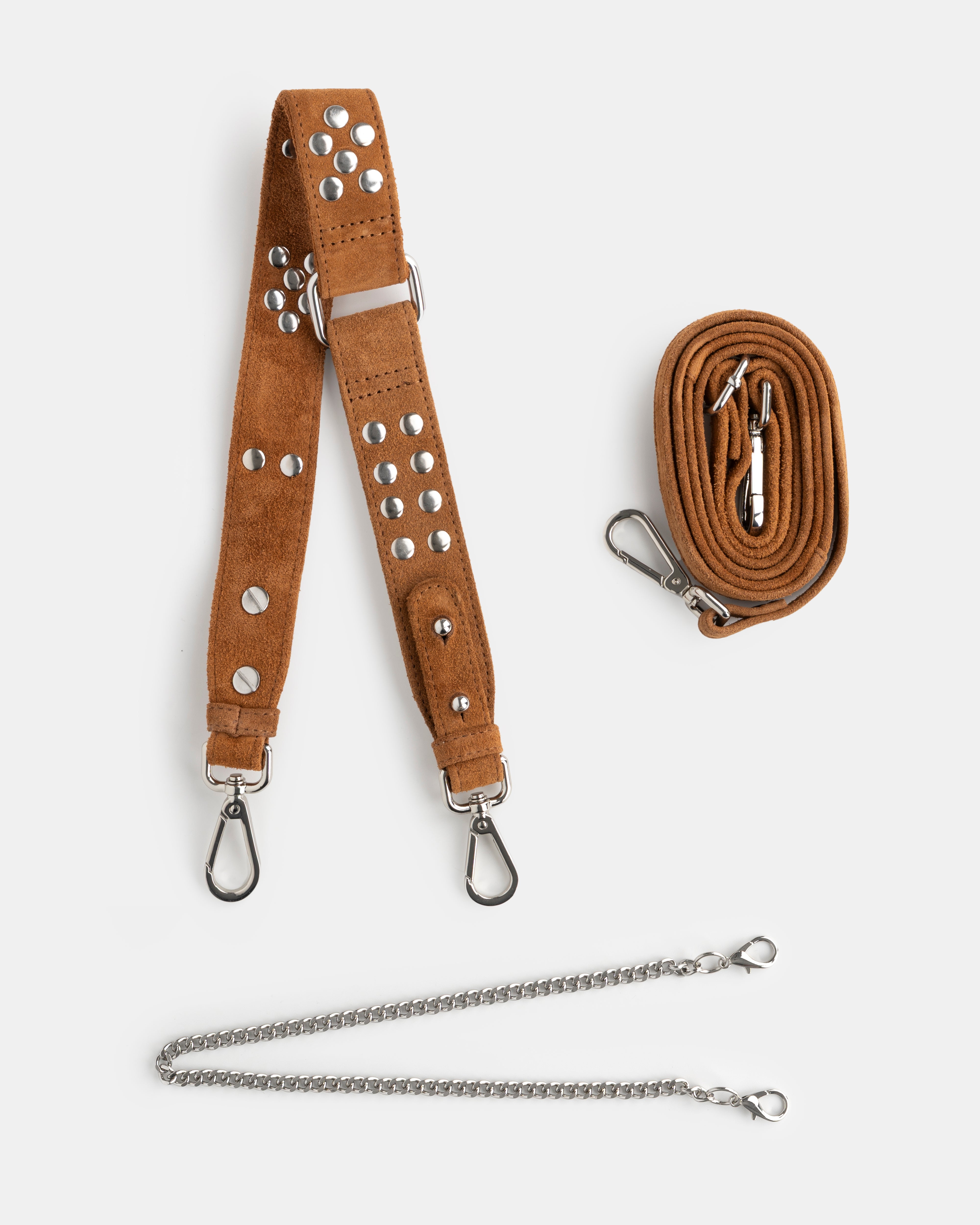 Studded shoulder strap, long crossbody strap, chain for caramel suede Neuville bag