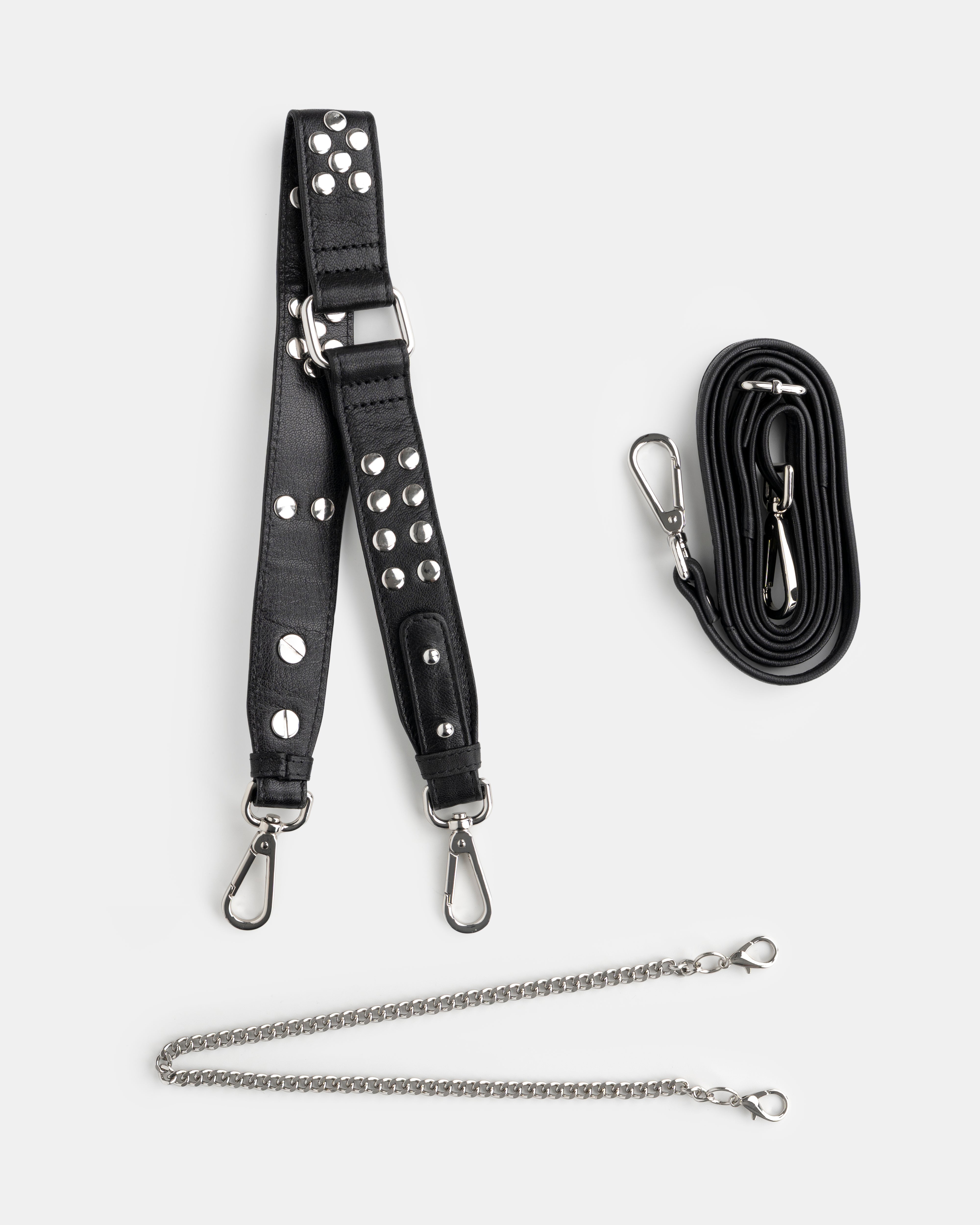 Maxke Black Leather shoulder strap, crossbody strap and chain of the brand Neuville. Front photo of all the straps