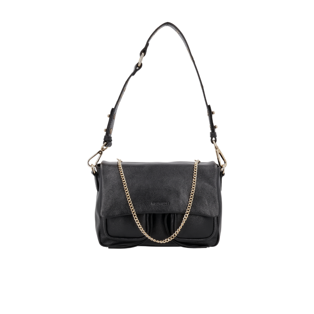 A black leather handbag with golden hardware, featuring a shoulder strap, crossbody strap, and a decorative metal chain, displayed against a plain background.