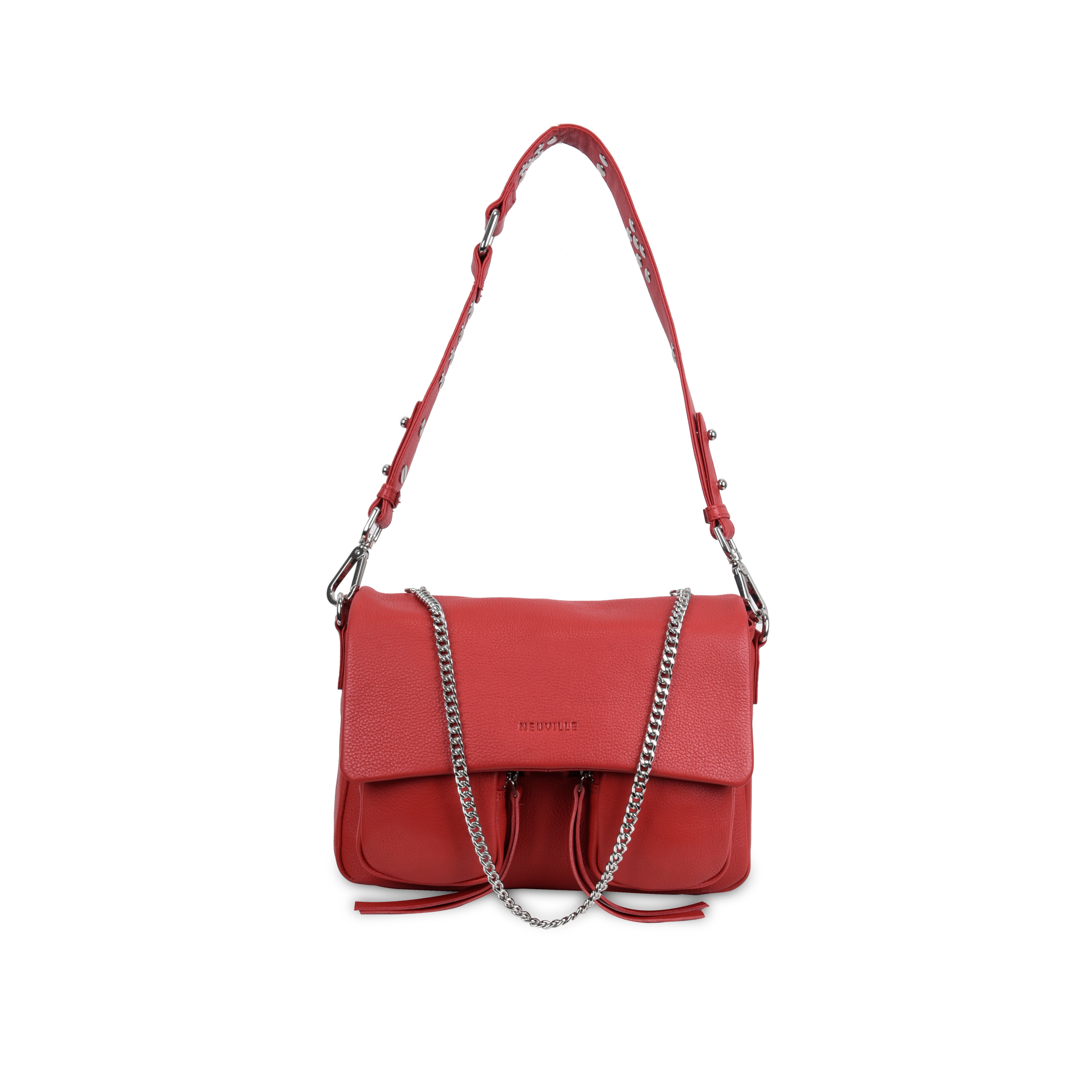 Maxke Coral Red, Leather shoulder bag Neuville, front side product photo