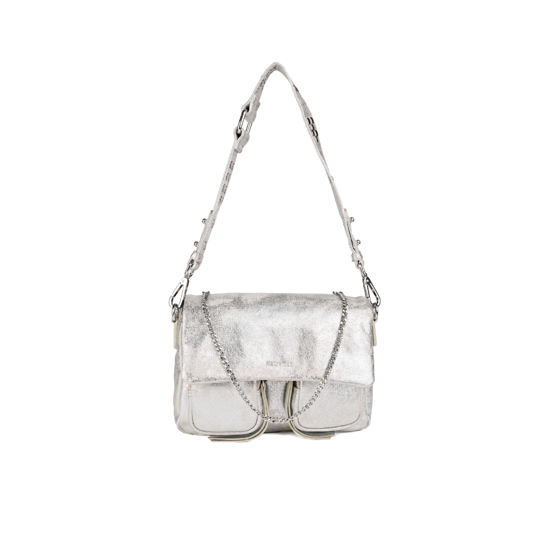 A medium-sized Maxke brand handbag with a silver finish and silver accents, featuring a leather shoulder strap, metal chain, and multiple zippered compartments.