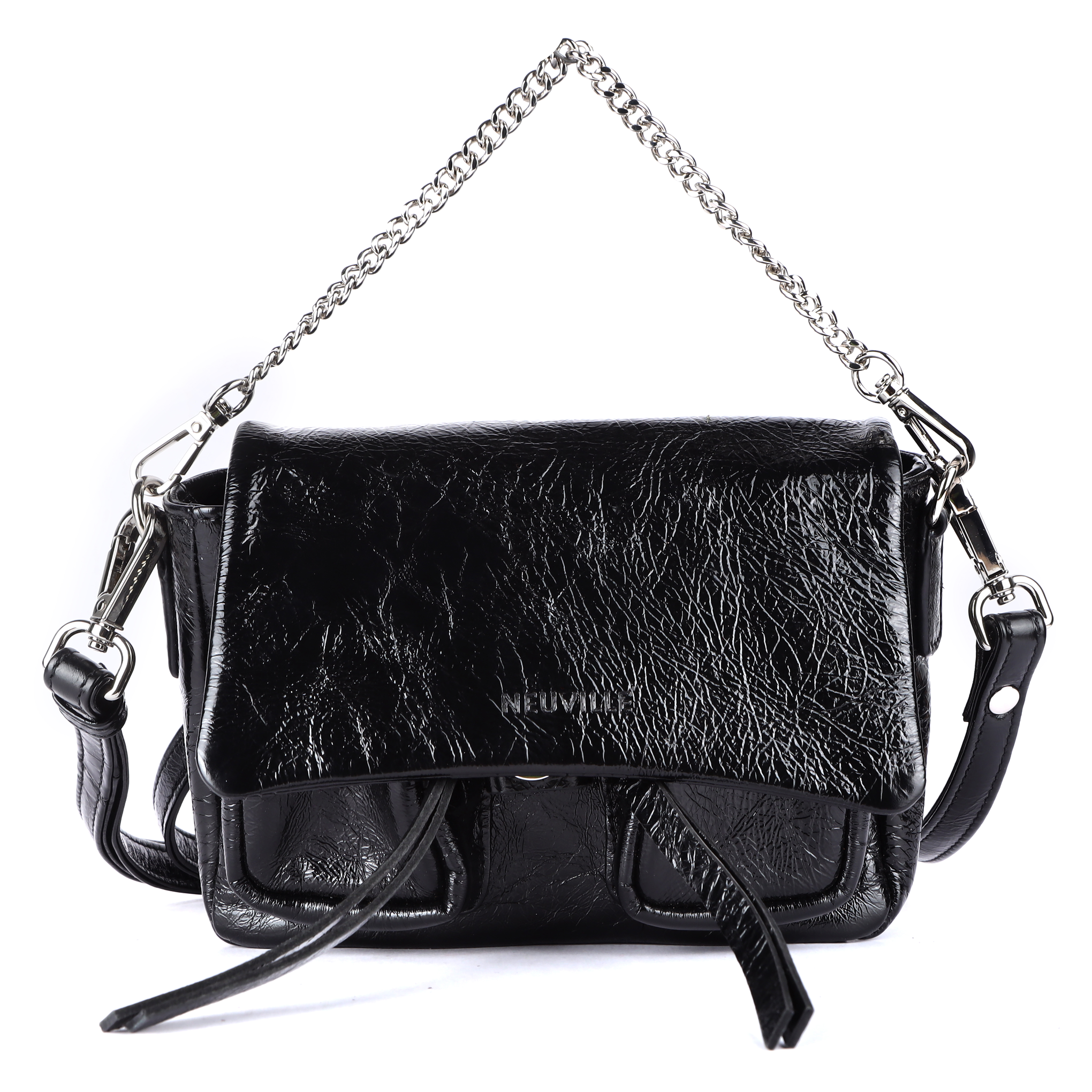 Max Mini Curnch Black leather bag, front product photo without strap