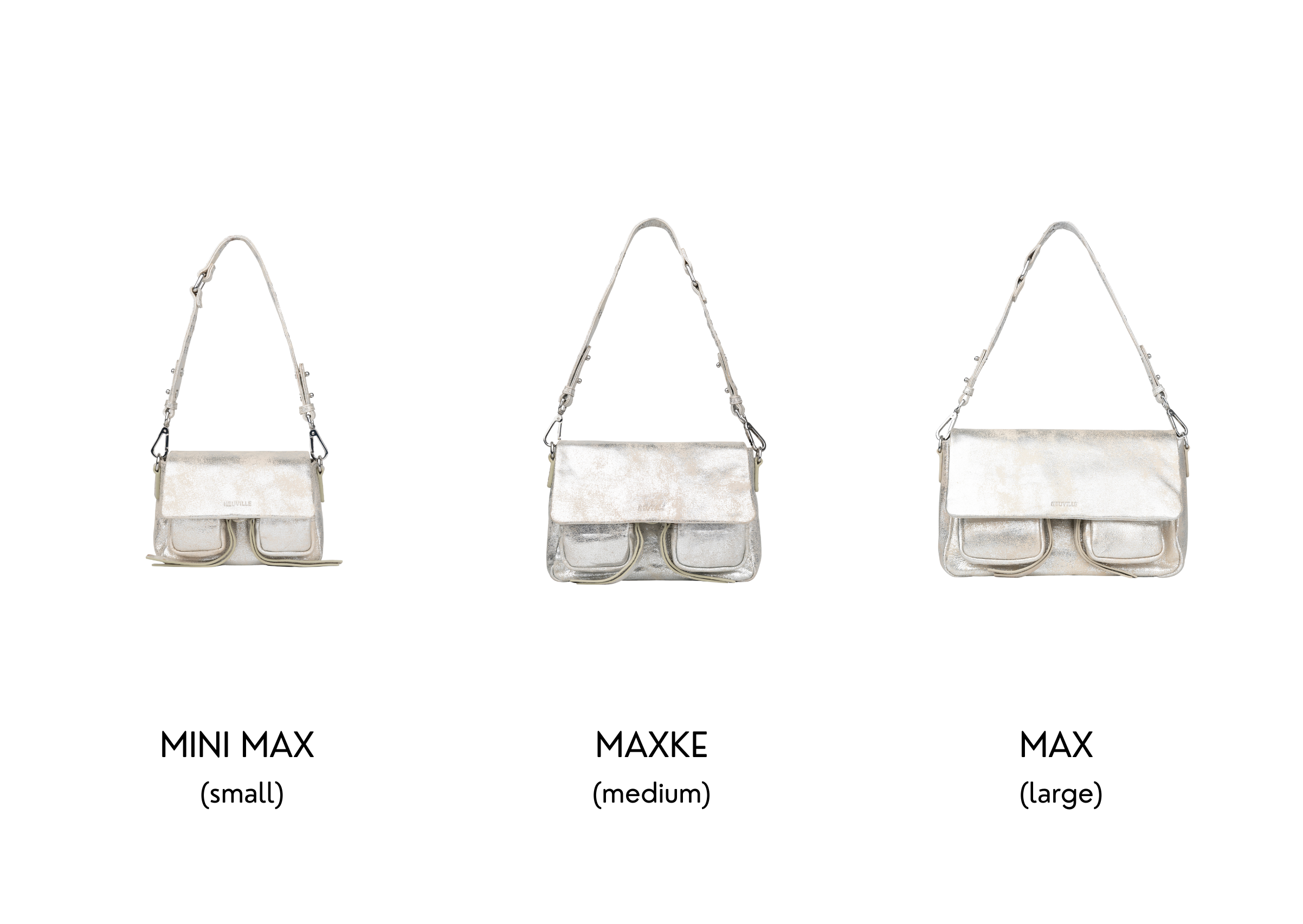 Three handbags labeled 'MINI MAX', 'MAXKE', and 'MAX' on a white background.